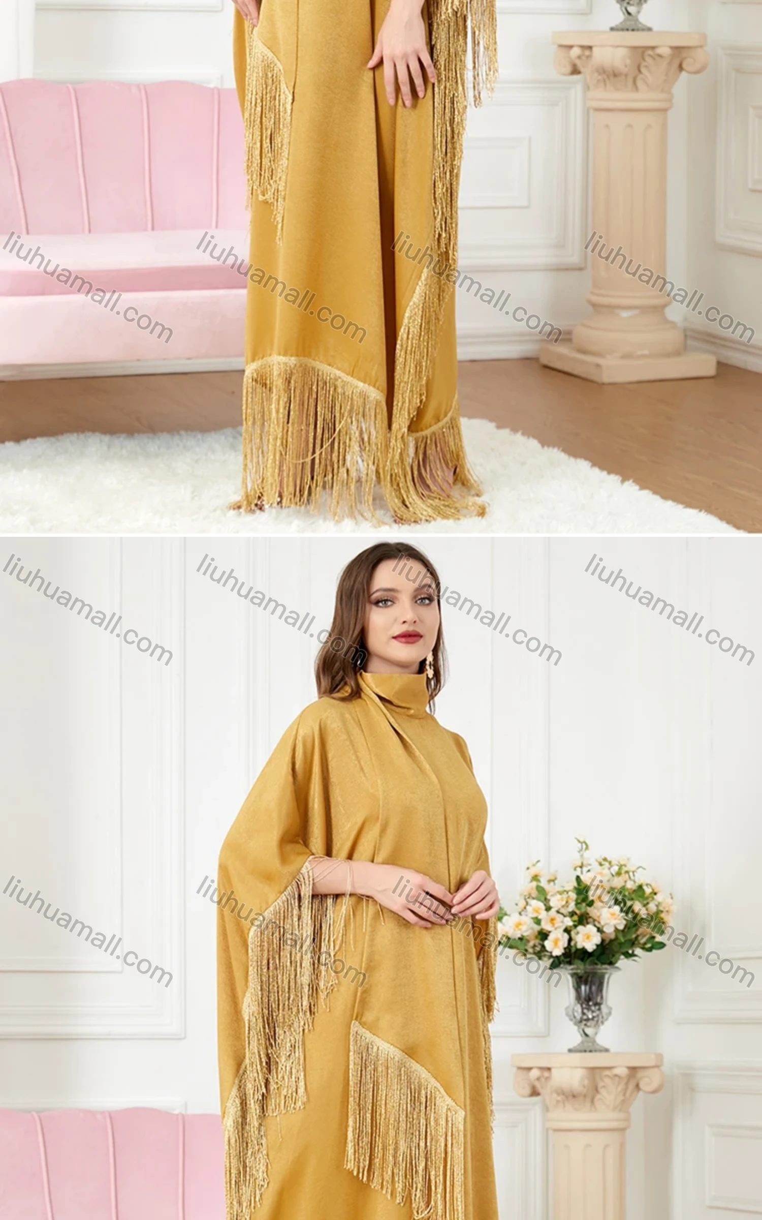 Wholesale Women's Arabic Dubai Muslim Islamic Satin Bat Sleeve Tassel Kaftan Dress With Scarf BNSQ1# - Liuhuamall