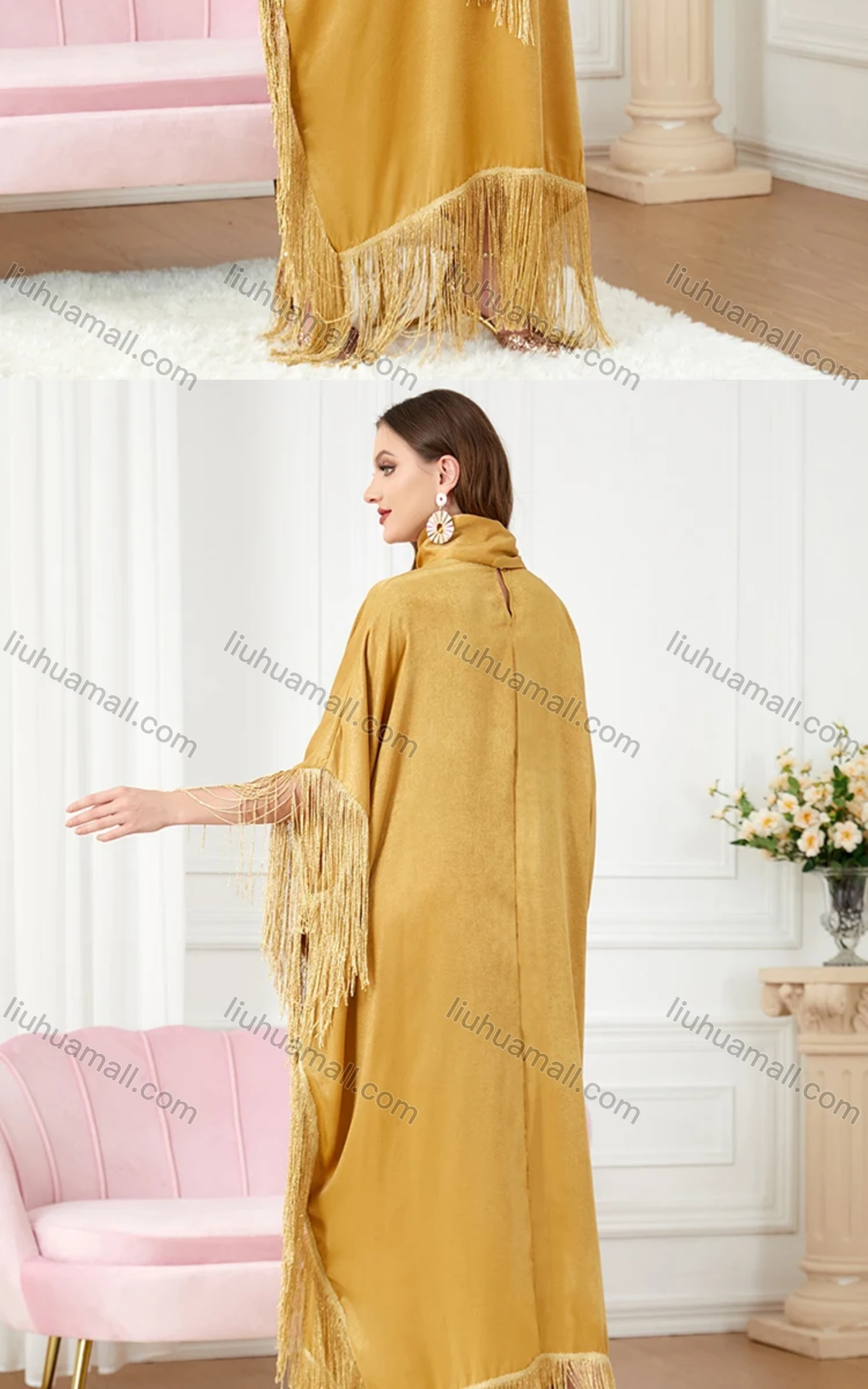 Wholesale Women's Arabic Dubai Muslim Islamic Satin Bat Sleeve Tassel Kaftan Dress With Scarf BNSQ1# - Liuhuamall