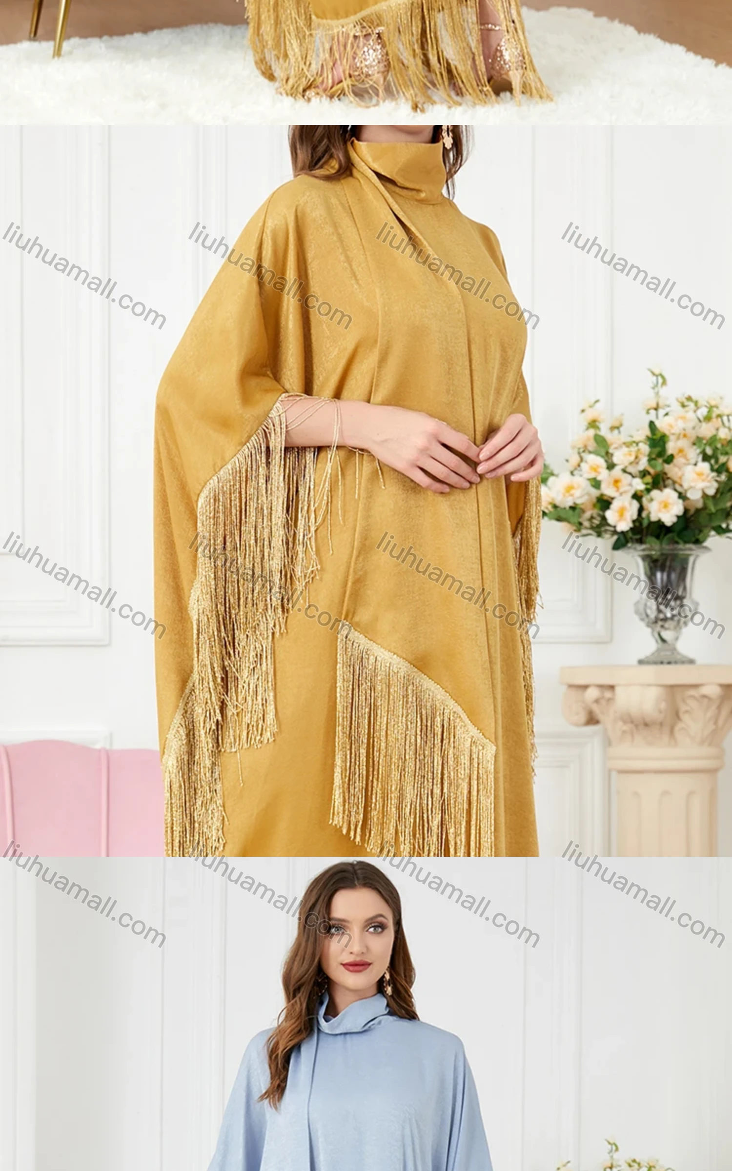 Wholesale Women's Arabic Dubai Muslim Islamic Satin Bat Sleeve Tassel Kaftan Dress With Scarf BNSQ1# - Liuhuamall