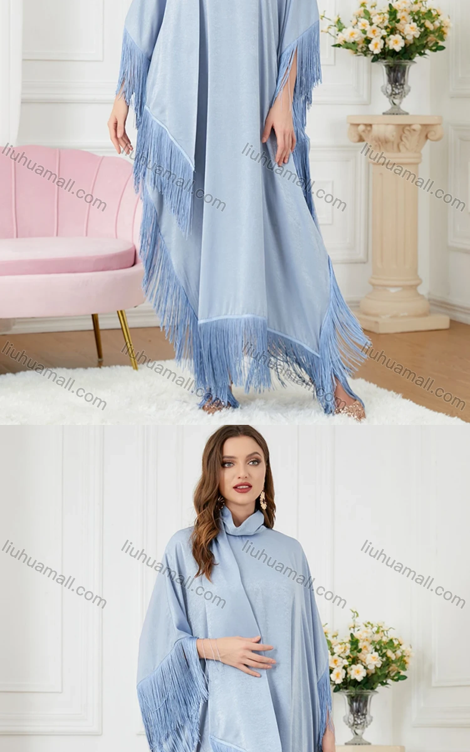 Wholesale Women's Arabic Dubai Muslim Islamic Satin Bat Sleeve Tassel Kaftan Dress With Scarf BNSQ1# - Liuhuamall