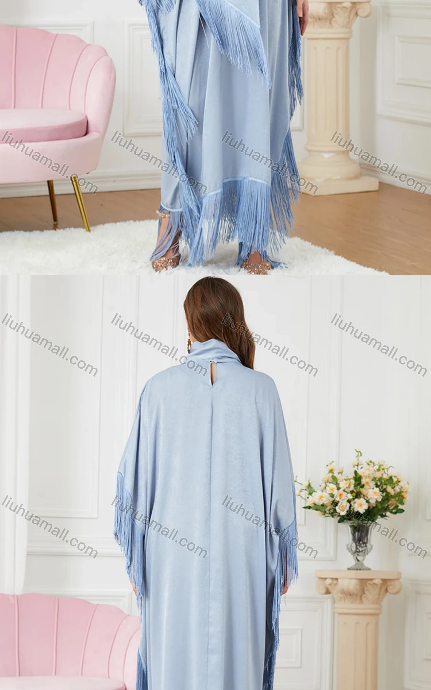 Wholesale Women's Arabic Dubai Muslim Islamic Satin Bat Sleeve Tassel Kaftan Dress With Scarf BNSQ1# - Liuhuamall