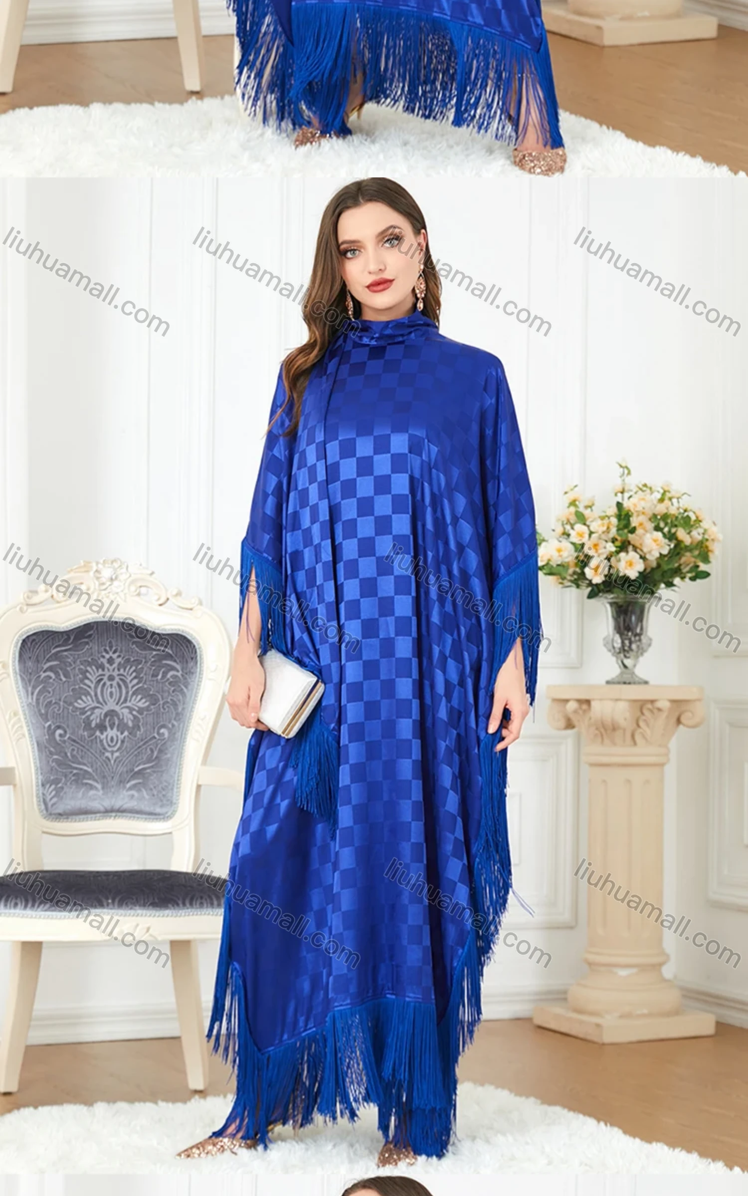 Wholesale Women's Arabic Dubai Muslim Islamic Bat Sleeve Checkerboard Tassel Kaftan Dress With Scarf BNSQ# - Liuhuamall