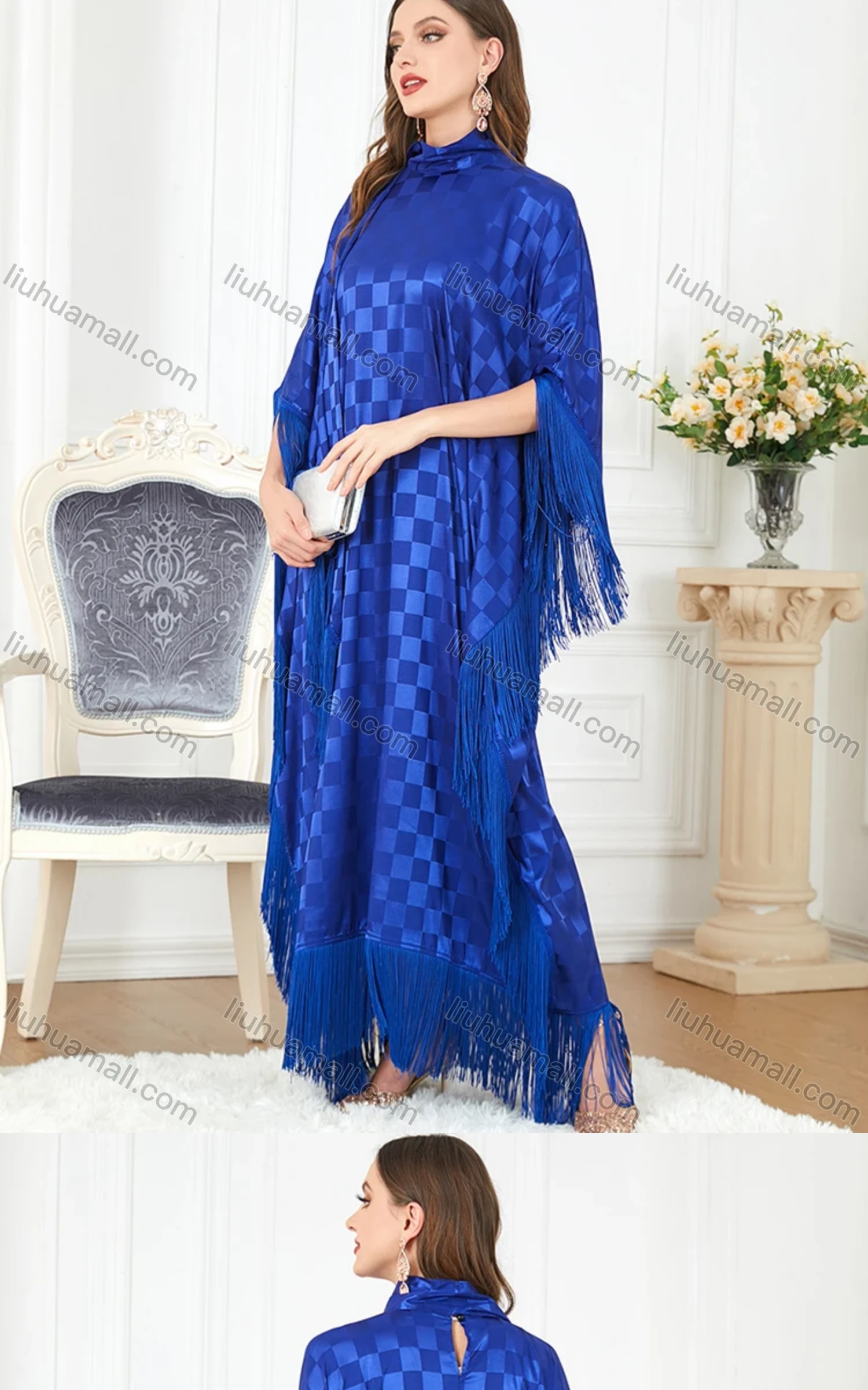 Wholesale Women's Arabic Dubai Muslim Islamic Bat Sleeve Checkerboard Tassel Kaftan Dress With Scarf BNSQ# - Liuhuamall