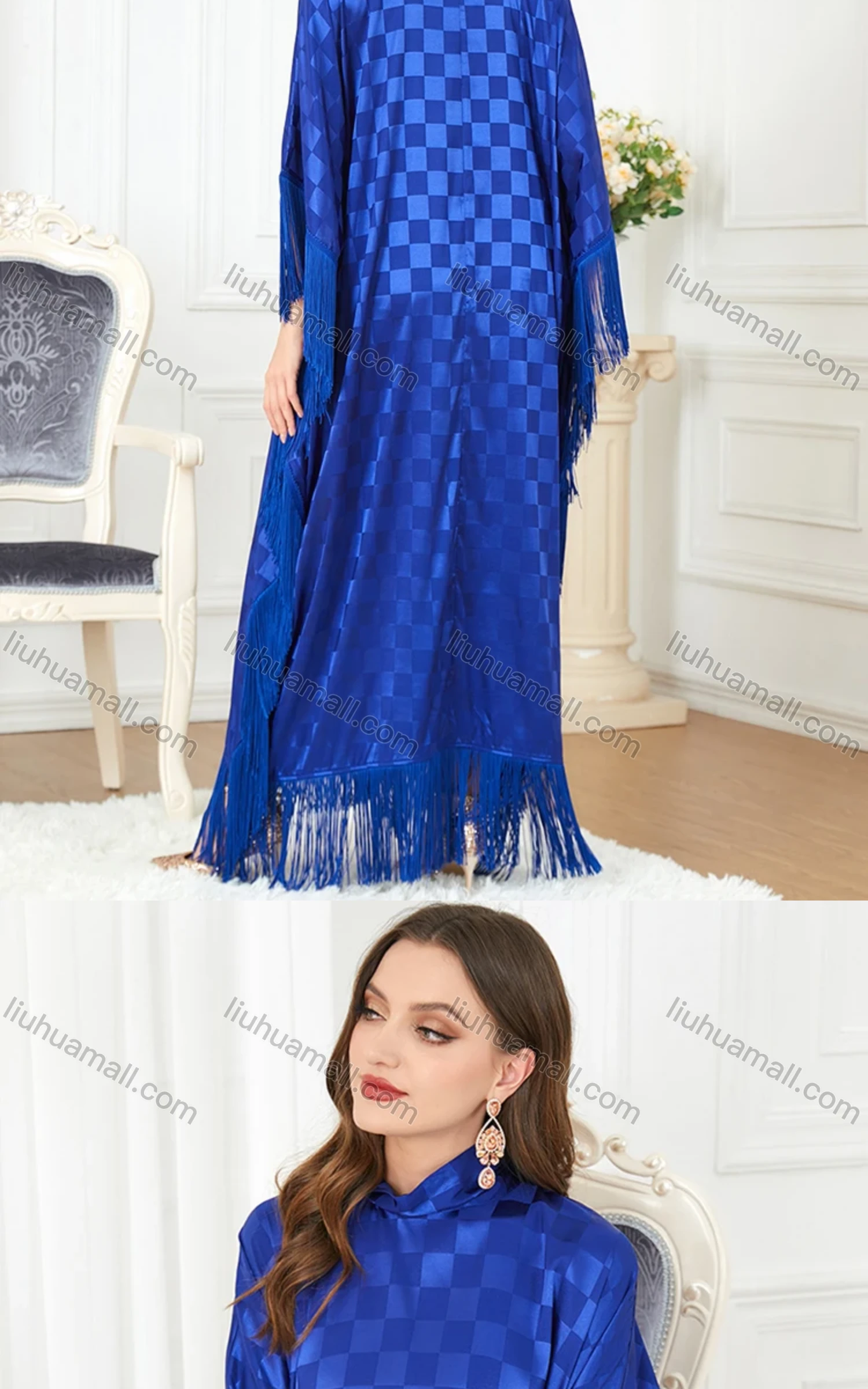 Wholesale Women's Arabic Dubai Muslim Islamic Bat Sleeve Checkerboard Tassel Kaftan Dress With Scarf BNSQ# - Liuhuamall