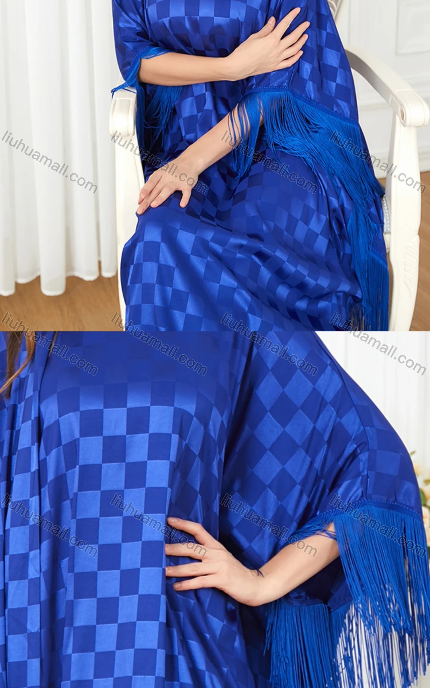Wholesale Women's Arabic Dubai Muslim Islamic Bat Sleeve Checkerboard Tassel Kaftan Dress With Scarf BNSQ# - Liuhuamall