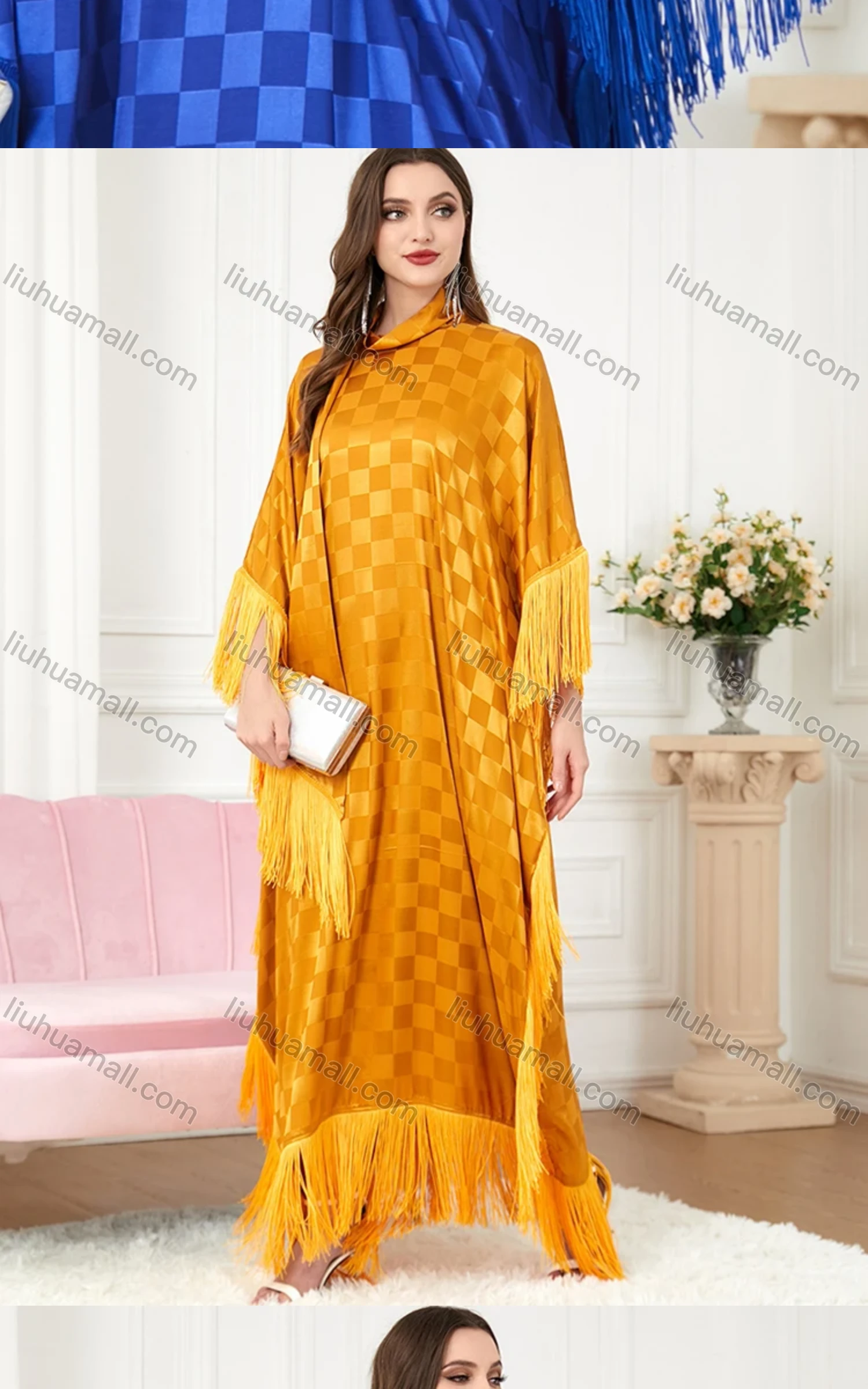 Wholesale Women's Arabic Dubai Muslim Islamic Bat Sleeve Checkerboard Tassel Kaftan Dress With Scarf BNSQ# - Liuhuamall