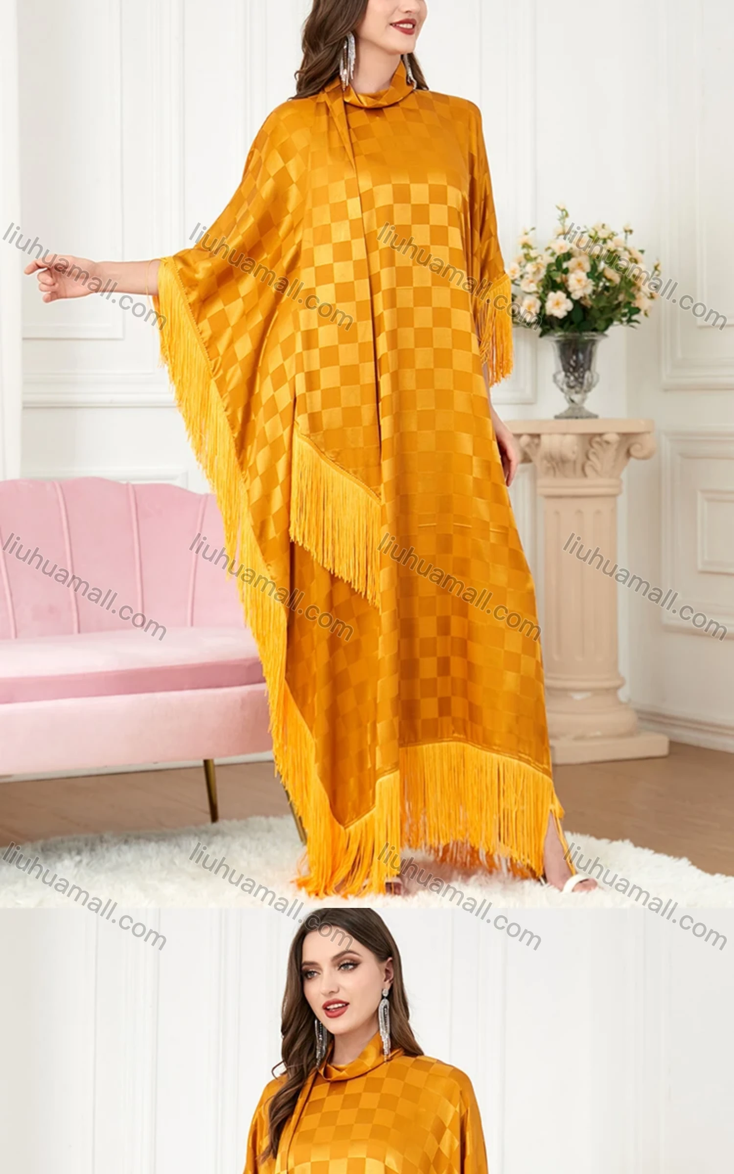 Wholesale Women's Arabic Dubai Muslim Islamic Bat Sleeve Checkerboard Tassel Kaftan Dress With Scarf BNSQ# - Liuhuamall