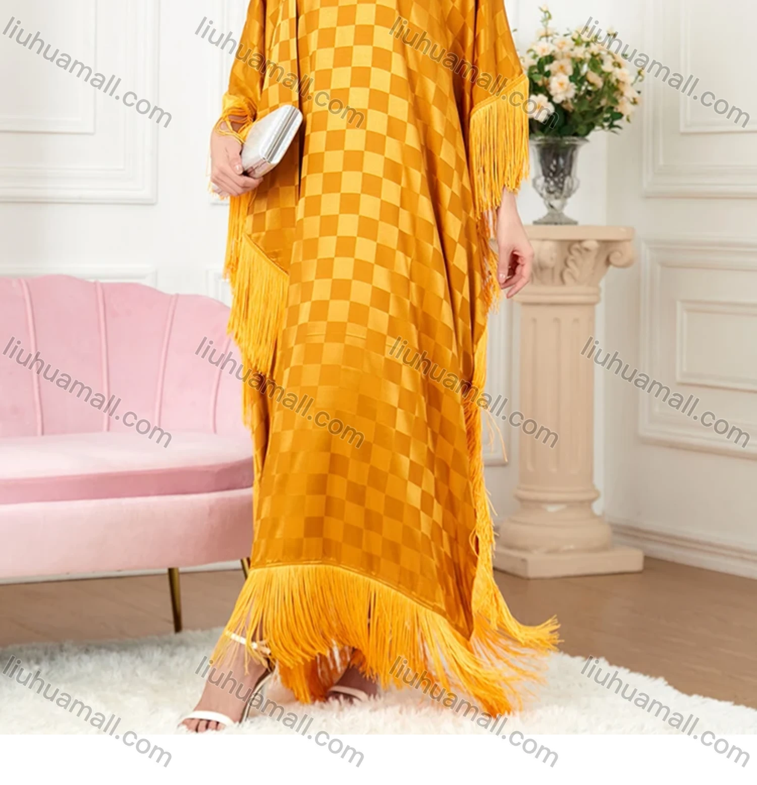Wholesale Women's Arabic Dubai Muslim Islamic Bat Sleeve Checkerboard Tassel Kaftan Dress With Scarf BNSQ# - Liuhuamall