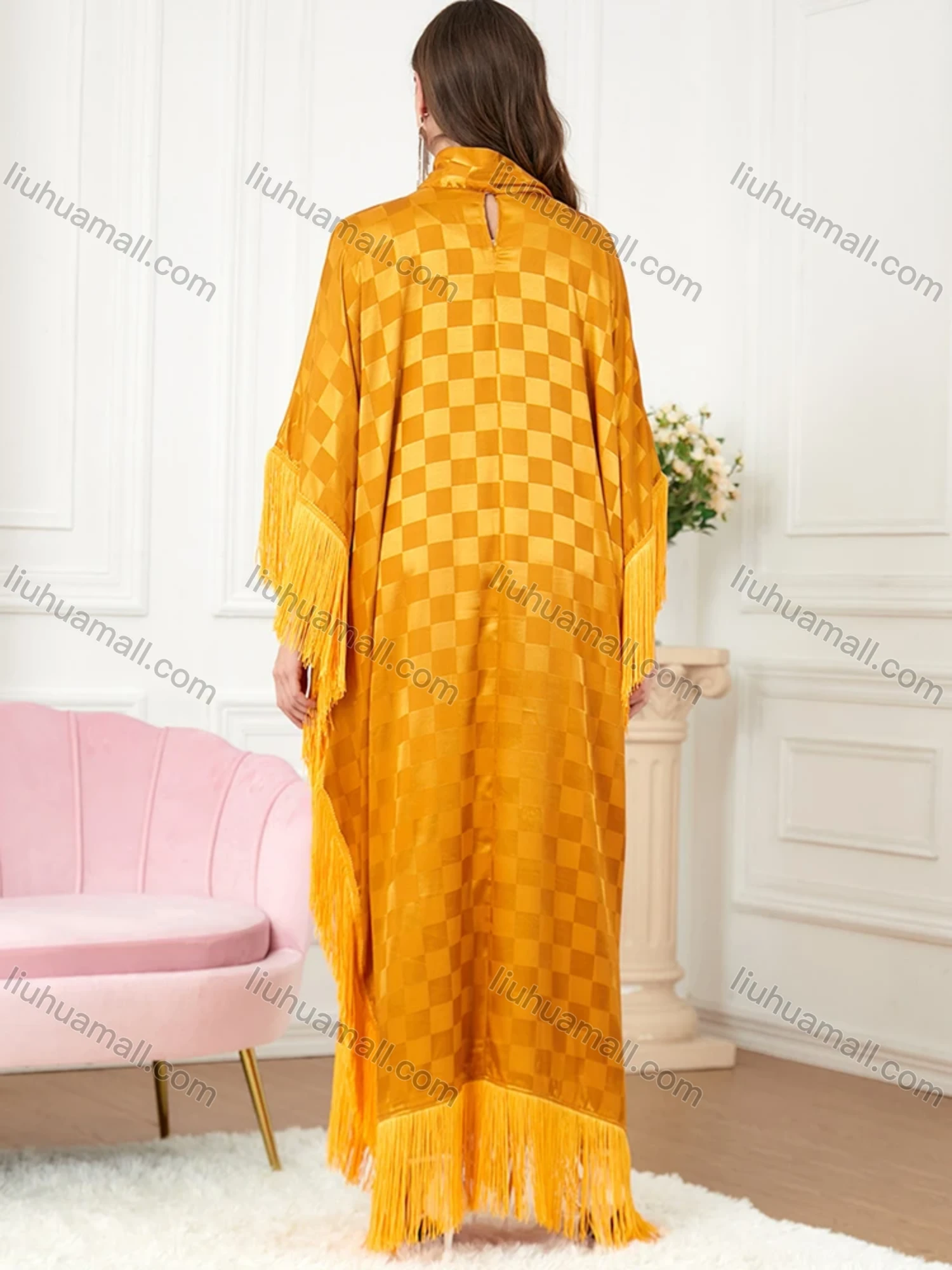 Wholesale Women's Arabic Dubai Muslim Islamic Bat Sleeve Checkerboard Tassel Kaftan Dress With Scarf BNSQ# - Liuhuamall