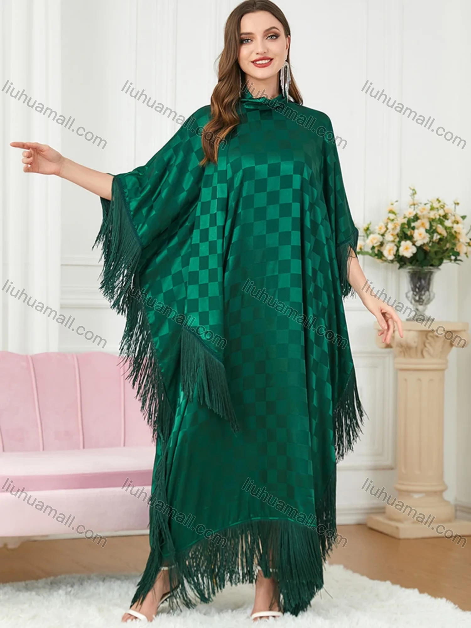 Wholesale Women's Arabic Dubai Muslim Islamic Bat Sleeve Checkerboard Tassel Kaftan Dress With Scarf BNSQ# - Liuhuamall