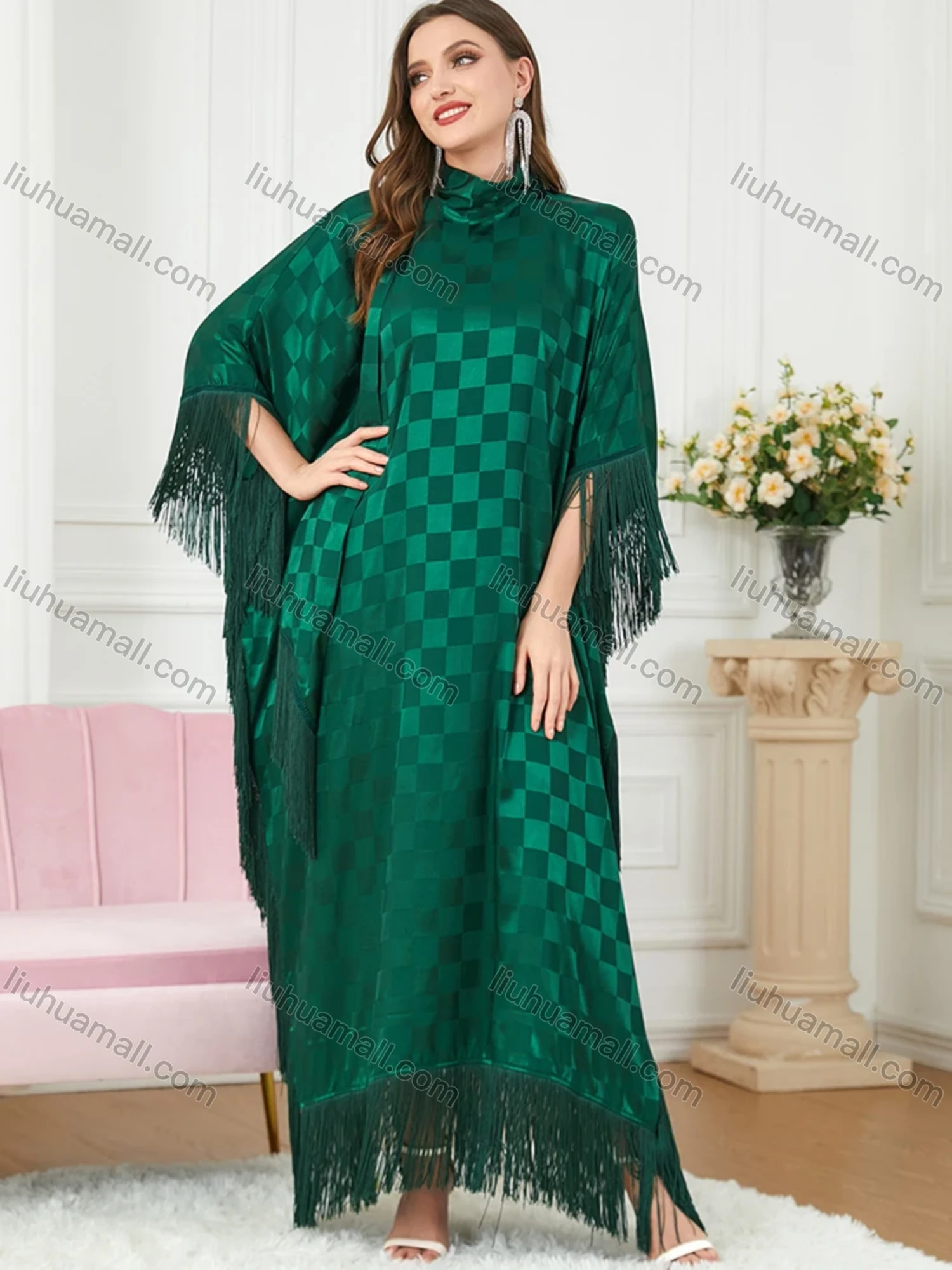 Wholesale Women's Arabic Dubai Muslim Islamic Bat Sleeve Checkerboard Tassel Kaftan Dress With Scarf BNSQ# - Liuhuamall