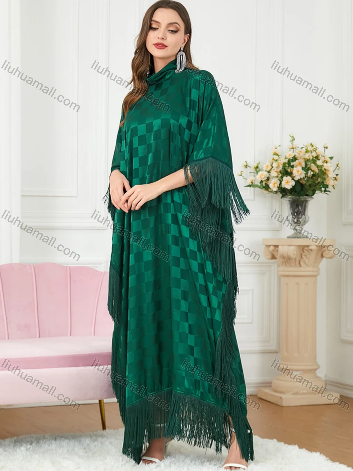Wholesale Women's Arabic Dubai Muslim Islamic Bat Sleeve Checkerboard Tassel Kaftan Dress With Scarf BNSQ# - Liuhuamall