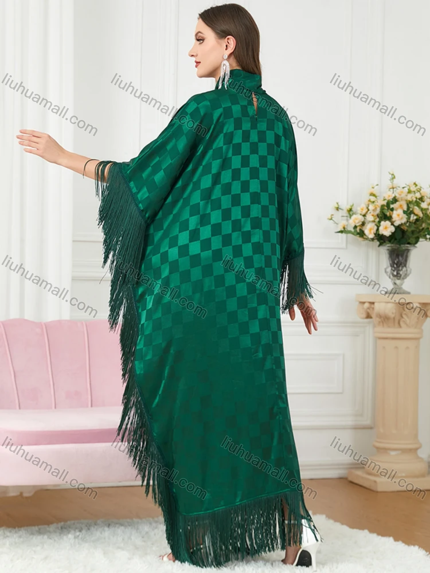 Wholesale Women's Arabic Dubai Muslim Islamic Bat Sleeve Checkerboard Tassel Kaftan Dress With Scarf BNSQ# - Liuhuamall