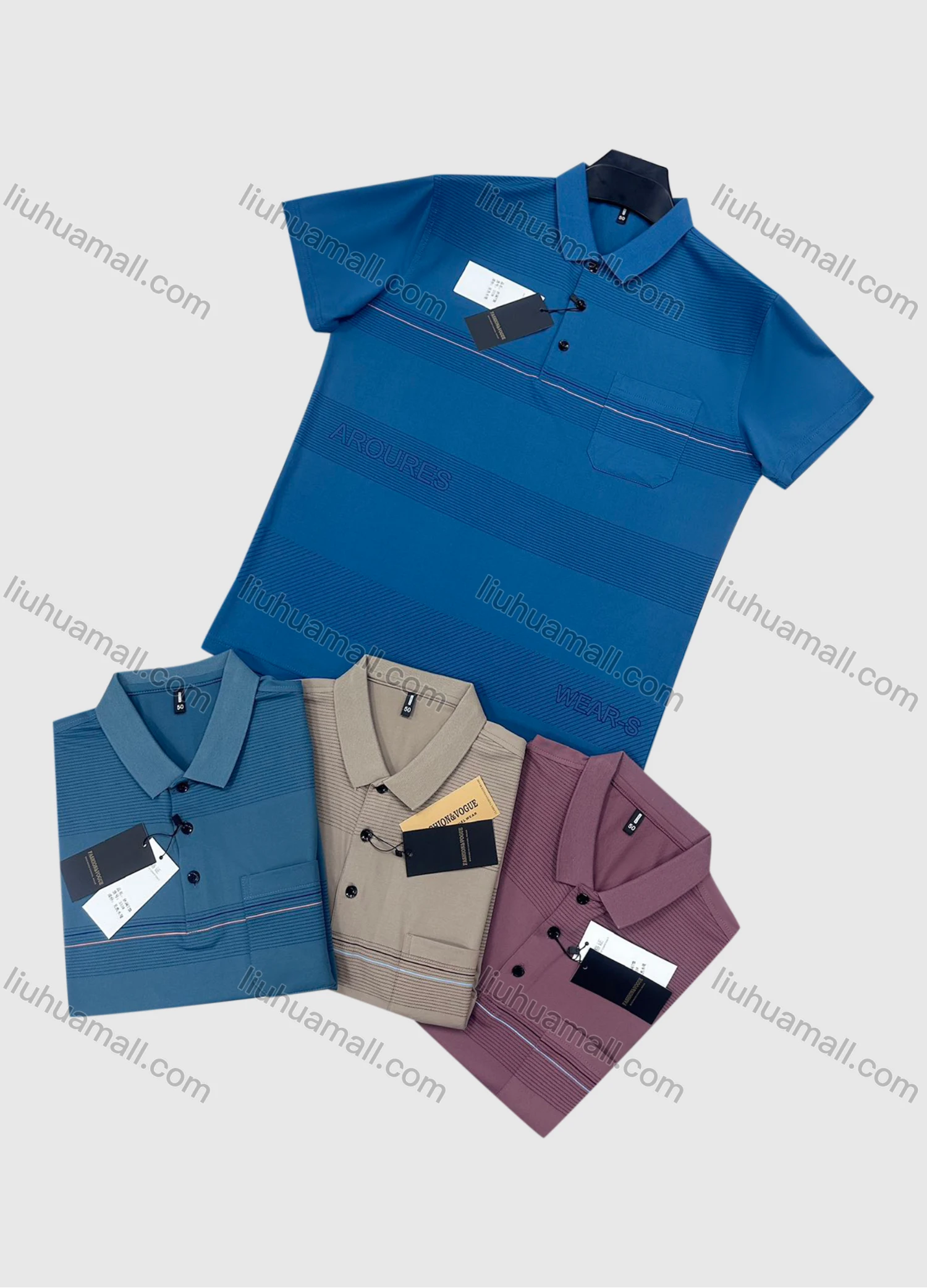 Wholesale Men's Casual Striped Short Sleeve Patch Pocket Polo Shirts - Liuhuamall