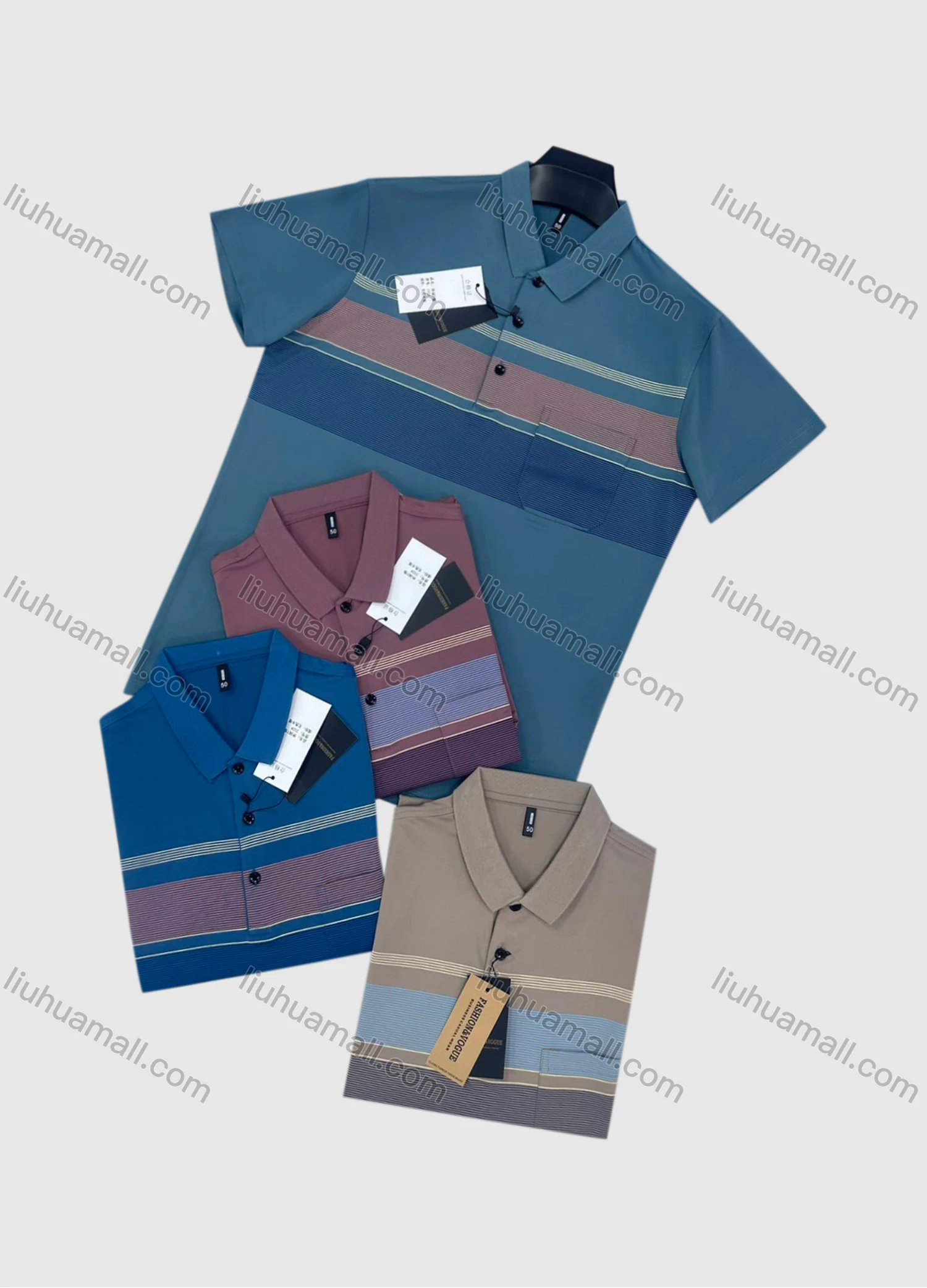 Wholesale Men's Casual Striped Short Sleeve Patch Pocket Polo Shirts - Liuhuamall