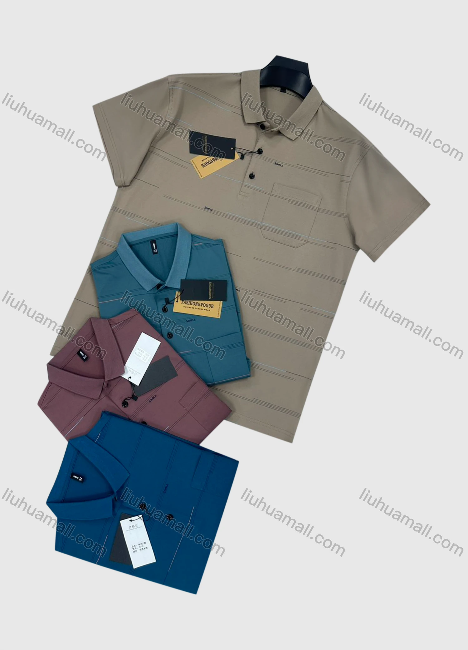 Wholesale Men's Casual Striped Short Sleeve Patch Pocket Polo Shirts - Liuhuamall