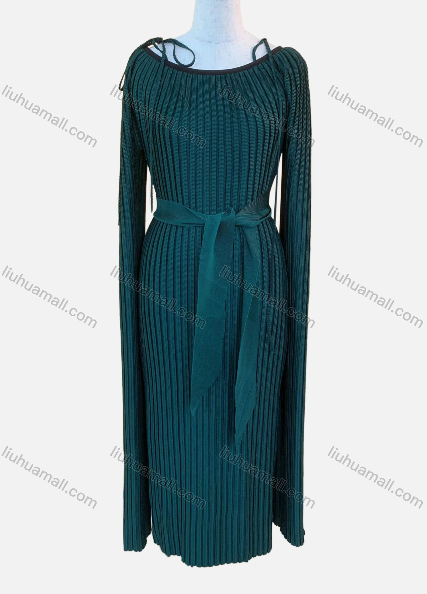 Wholesale Women's Elegant Plain Lace Up Extra Long Sleeve Slim Fit Midi Cocktail Dress With Belt LR01# - Liuhuamall