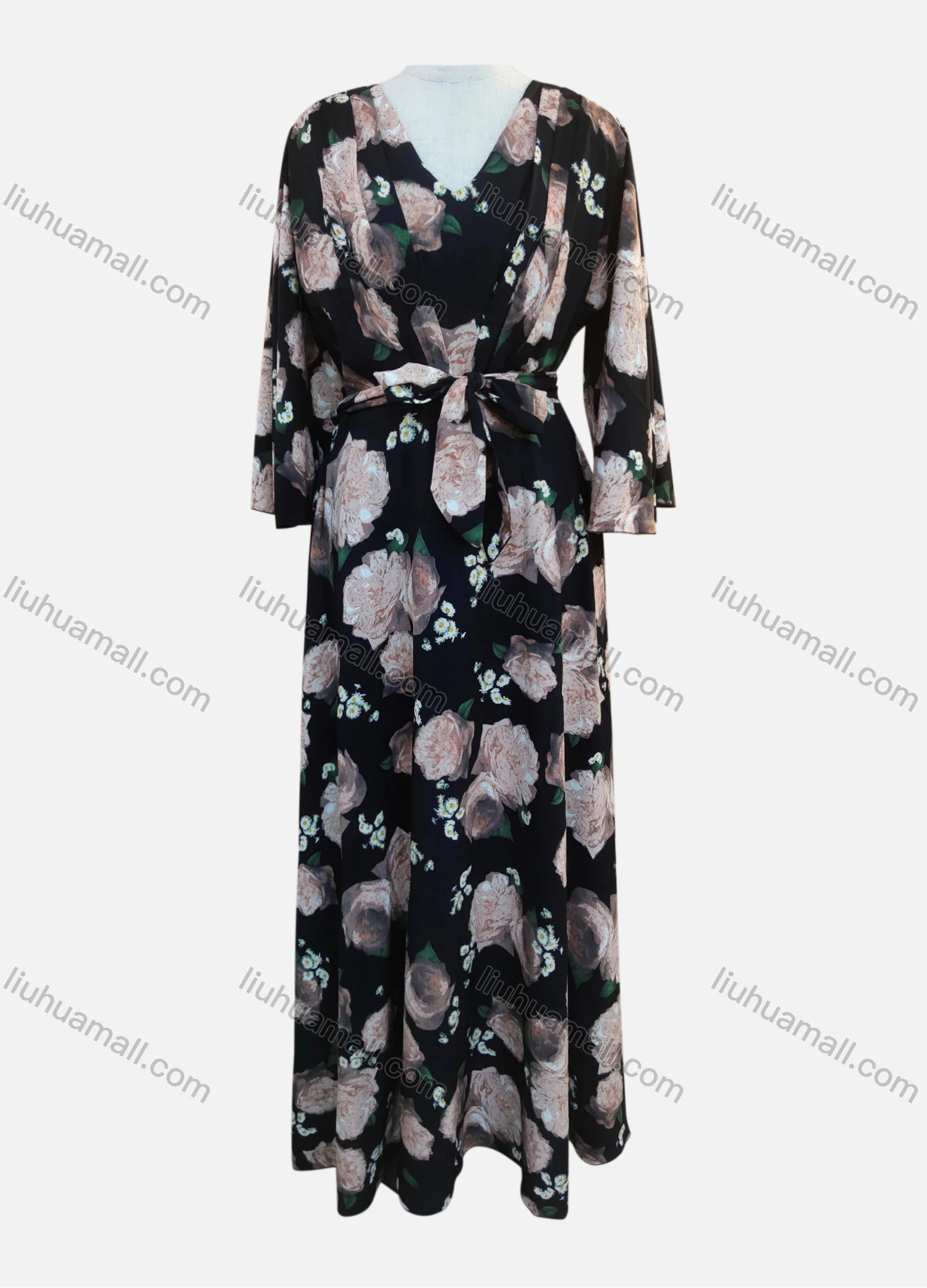 Wholesale Women's Casual Elegant Floral Print V Neck Long Sleeve Maxi Dress With Belt LR04# - Liuhuamall