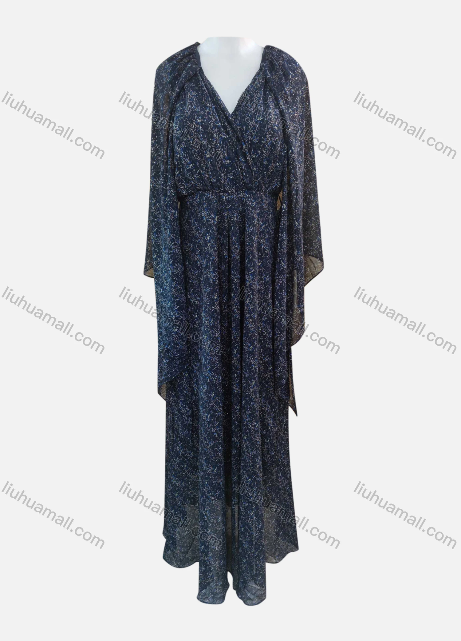 Wholesale Women's Elegant Allover Print Wrap V Neck Long Sleeve Maxi Cocktail Dress LR07# - Liuhuamall