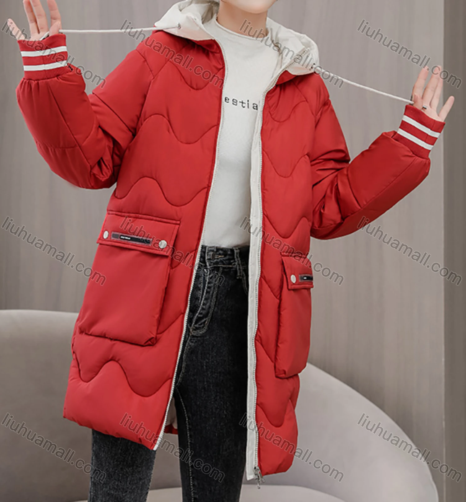 Wholesale Women's Casual Hooded Zipper Front Pockets Thermal Lined Quilted Coat 2008# - Liuhuamall