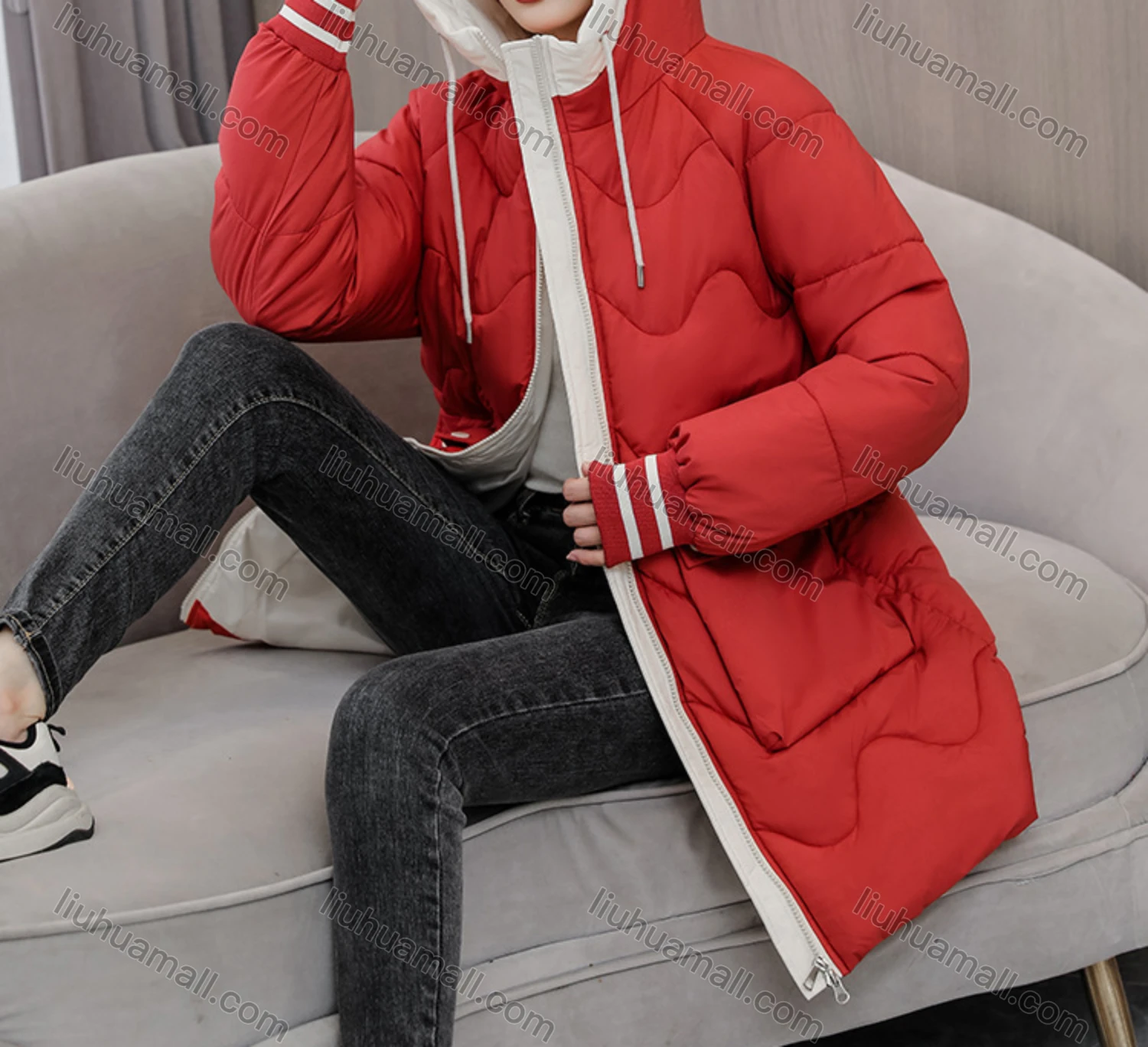 Wholesale Women's Casual Hooded Zipper Front Pockets Thermal Lined Quilted Coat 2008# - Liuhuamall