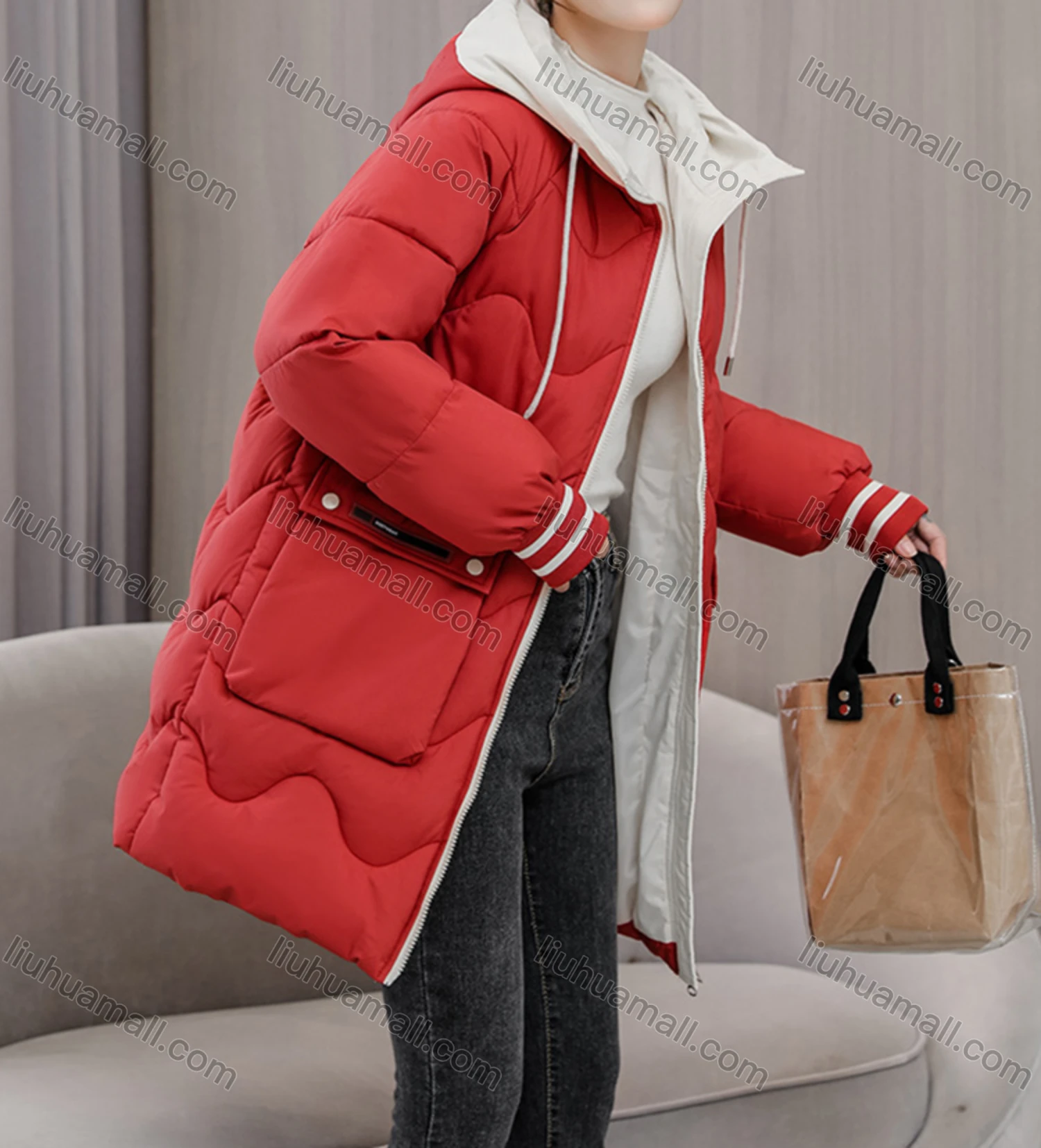 Wholesale Women's Casual Hooded Zipper Front Pockets Thermal Lined Quilted Coat 2008# - Liuhuamall