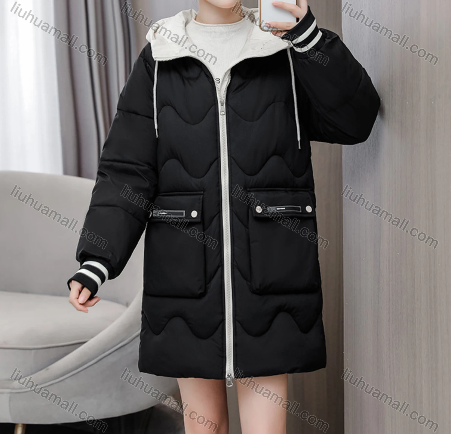 Wholesale Women's Casual Hooded Zipper Front Pockets Thermal Lined Quilted Coat 2008# - Liuhuamall
