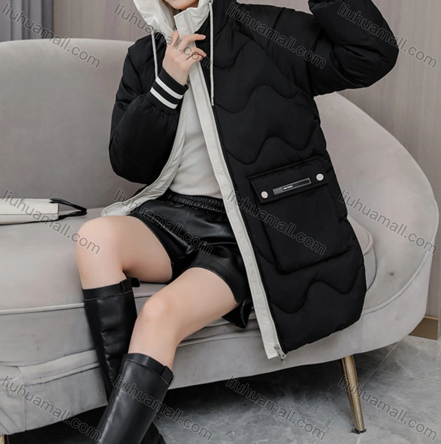 Wholesale Women's Casual Hooded Zipper Front Pockets Thermal Lined Quilted Coat 2008# - Liuhuamall