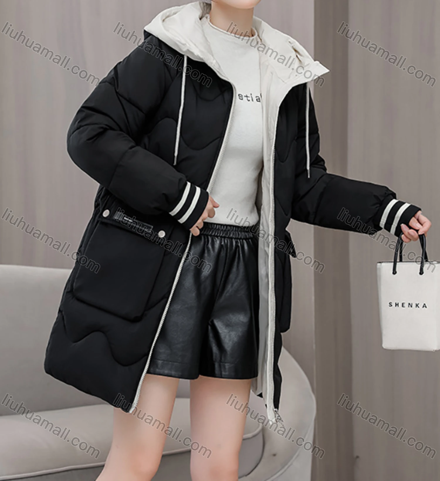 Wholesale Women's Casual Hooded Zipper Front Pockets Thermal Lined Quilted Coat 2008# - Liuhuamall