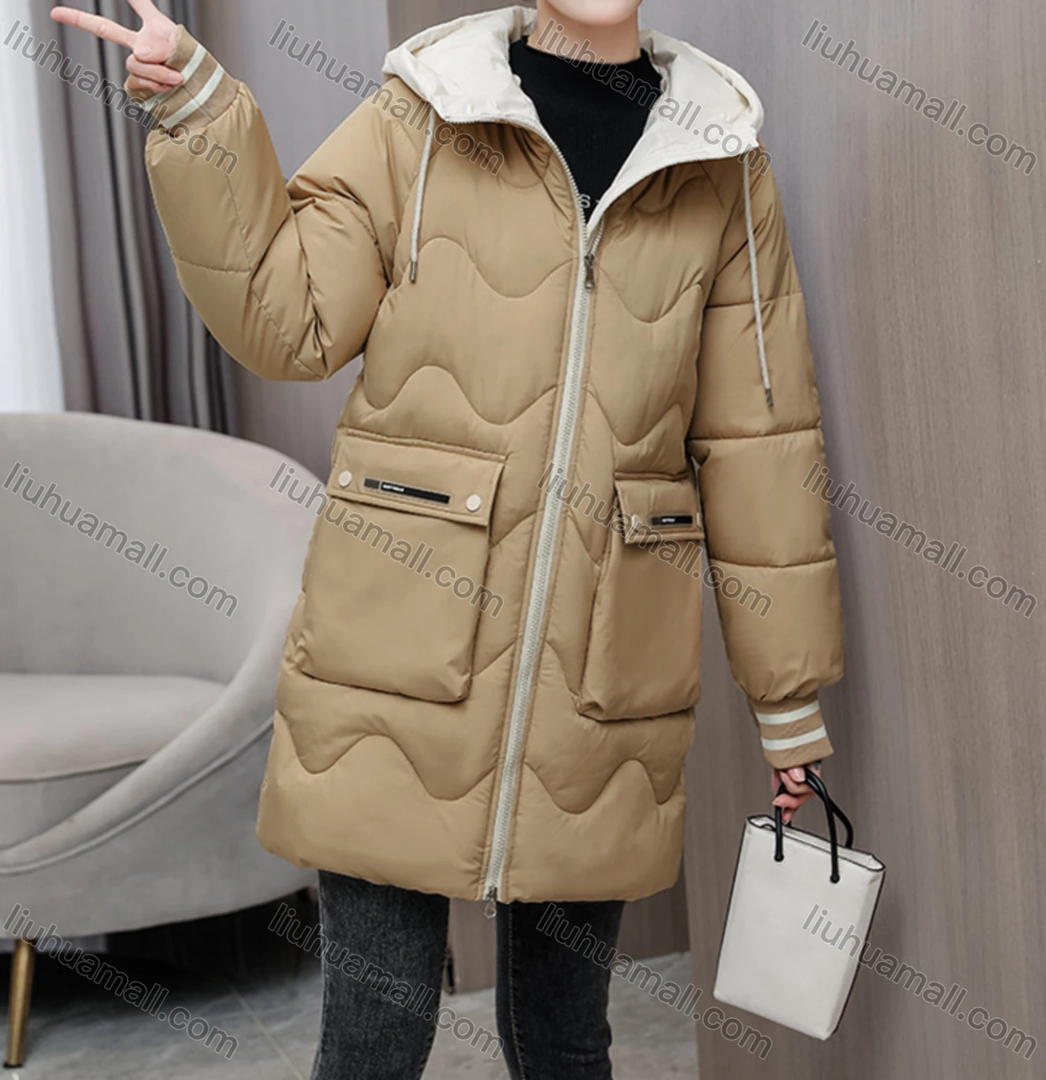 Wholesale Women's Casual Hooded Zipper Front Pockets Thermal Lined Quilted Coat 2008# - Liuhuamall