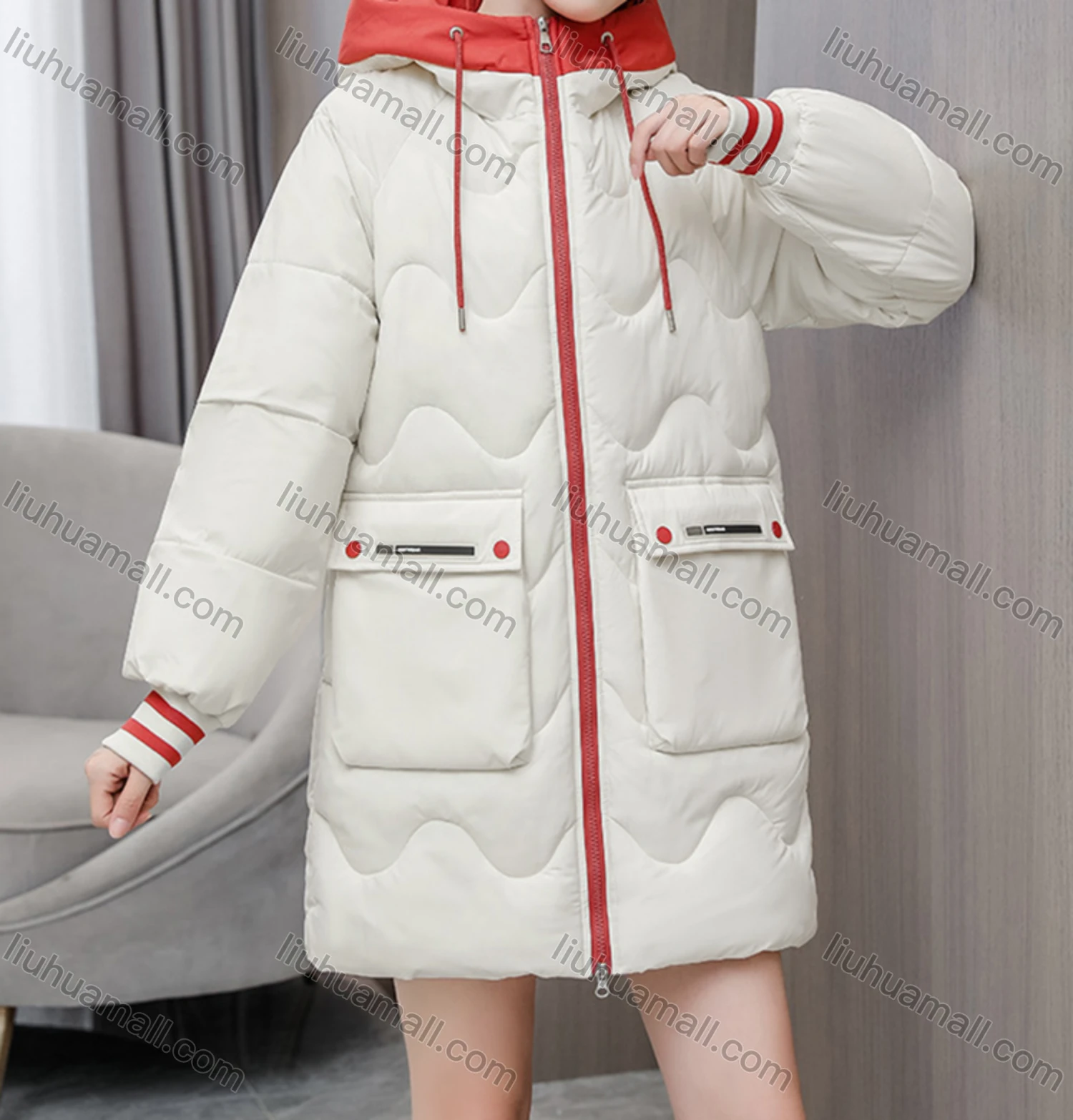 Wholesale Women's Casual Hooded Zipper Front Pockets Thermal Lined Quilted Coat 2008# - Liuhuamall