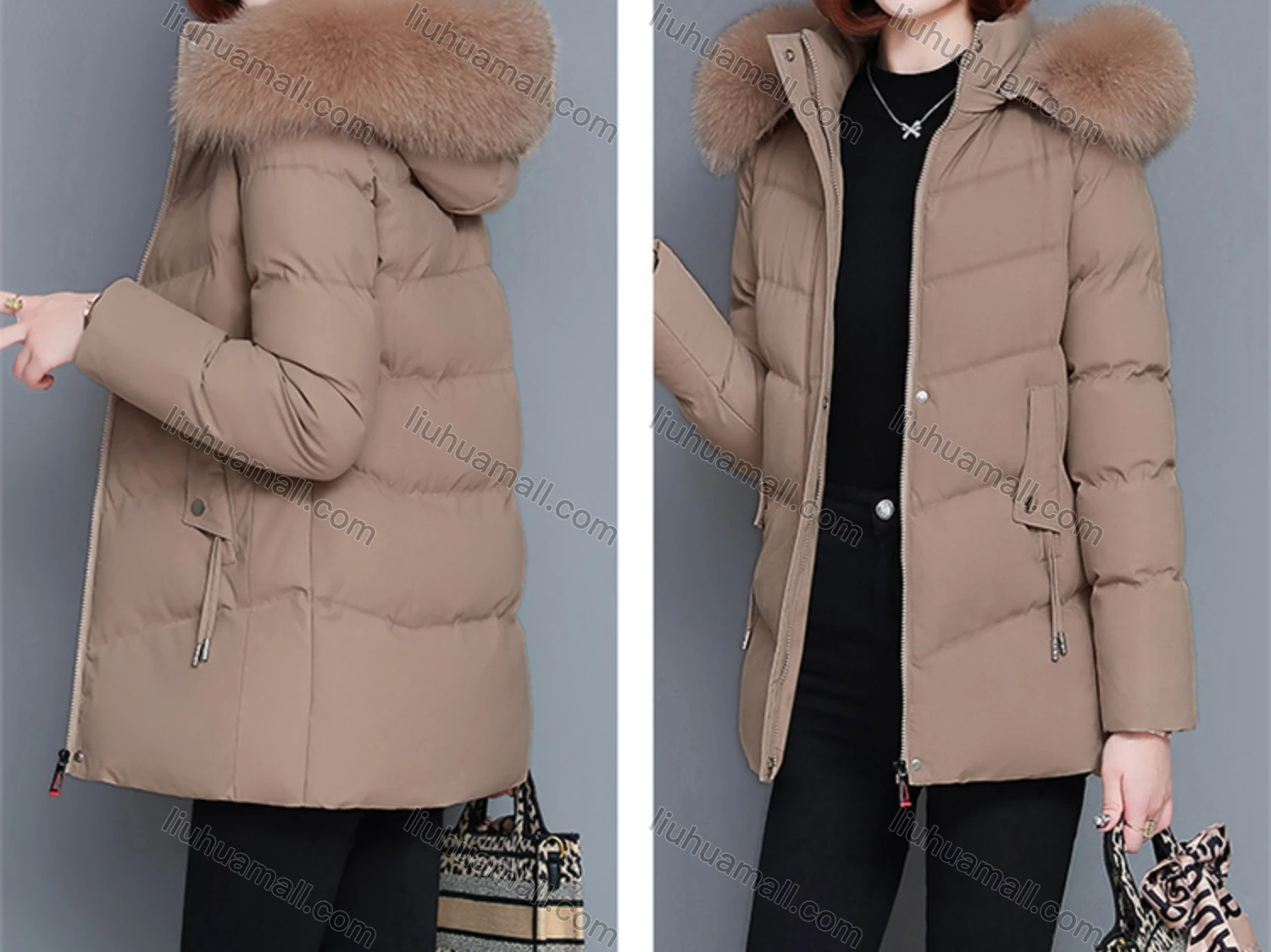 Wholesale Women's Casual Fuzzy Hood Zipper Front Pockets Thermal Lined Puffer Coat 2038# - Liuhuamall