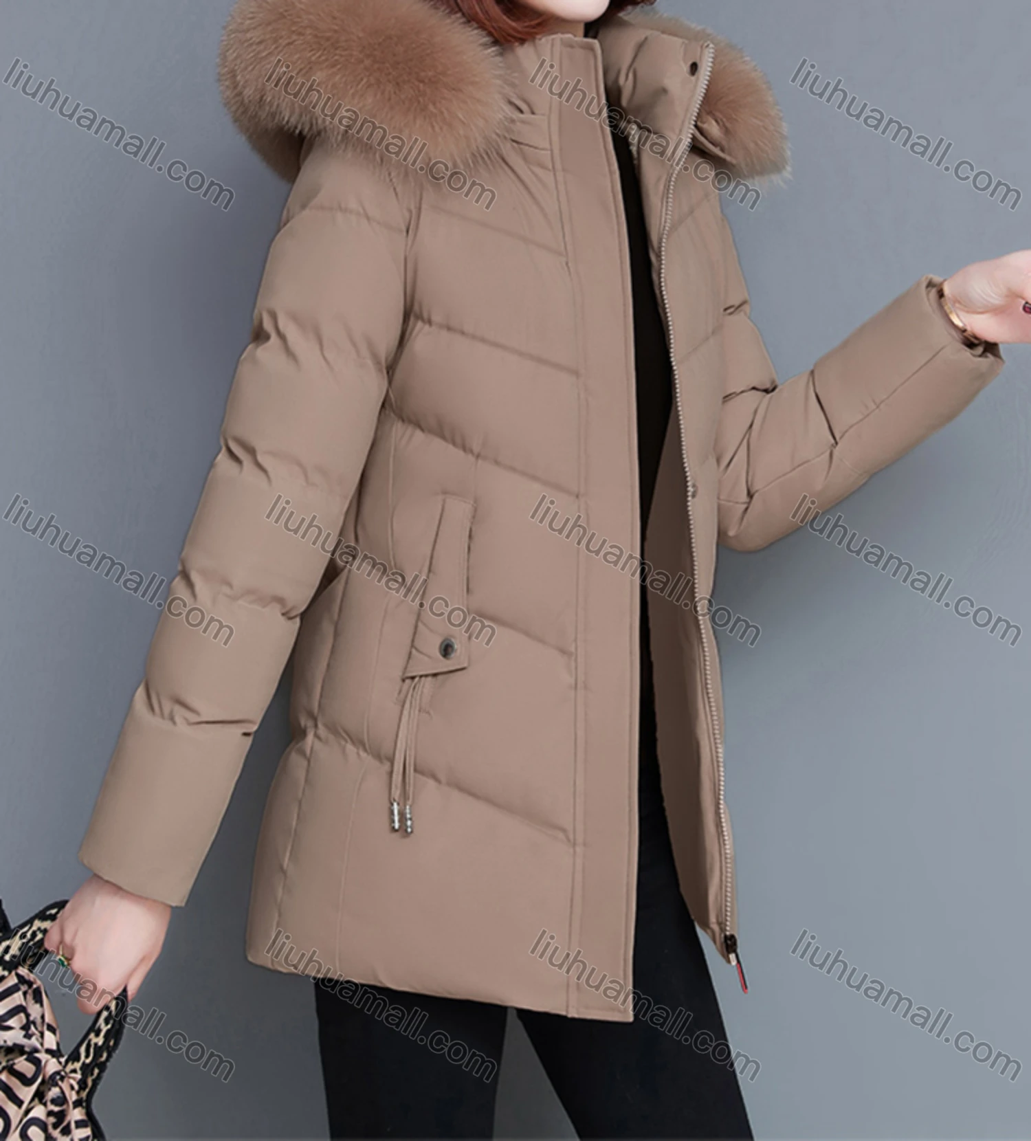 Wholesale Women's Casual Fuzzy Hood Zipper Front Pockets Thermal Lined Puffer Coat 2038# - Liuhuamall