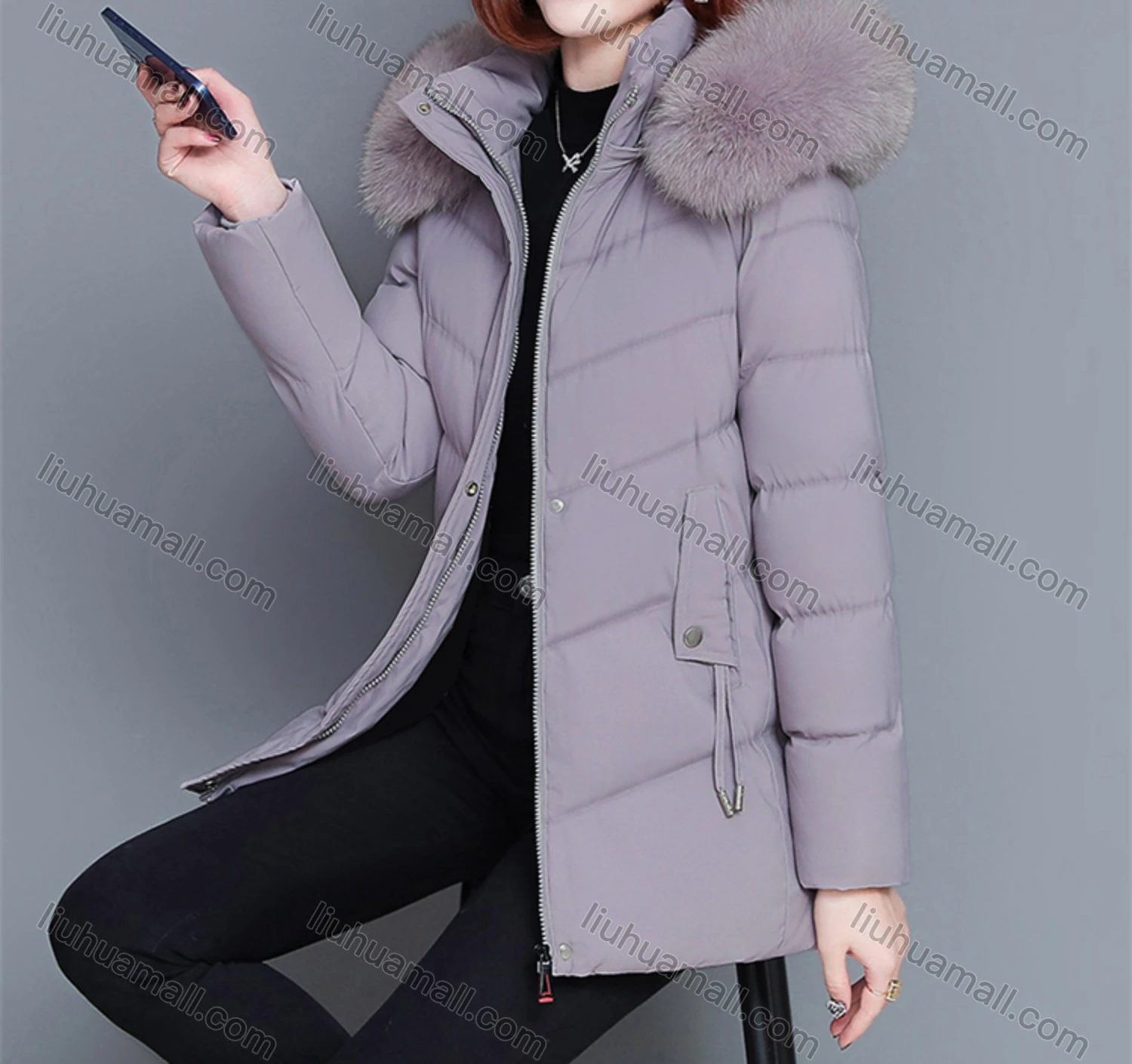 Wholesale Women's Casual Fuzzy Hood Zipper Front Pockets Thermal Lined Puffer Coat 2038# - Liuhuamall