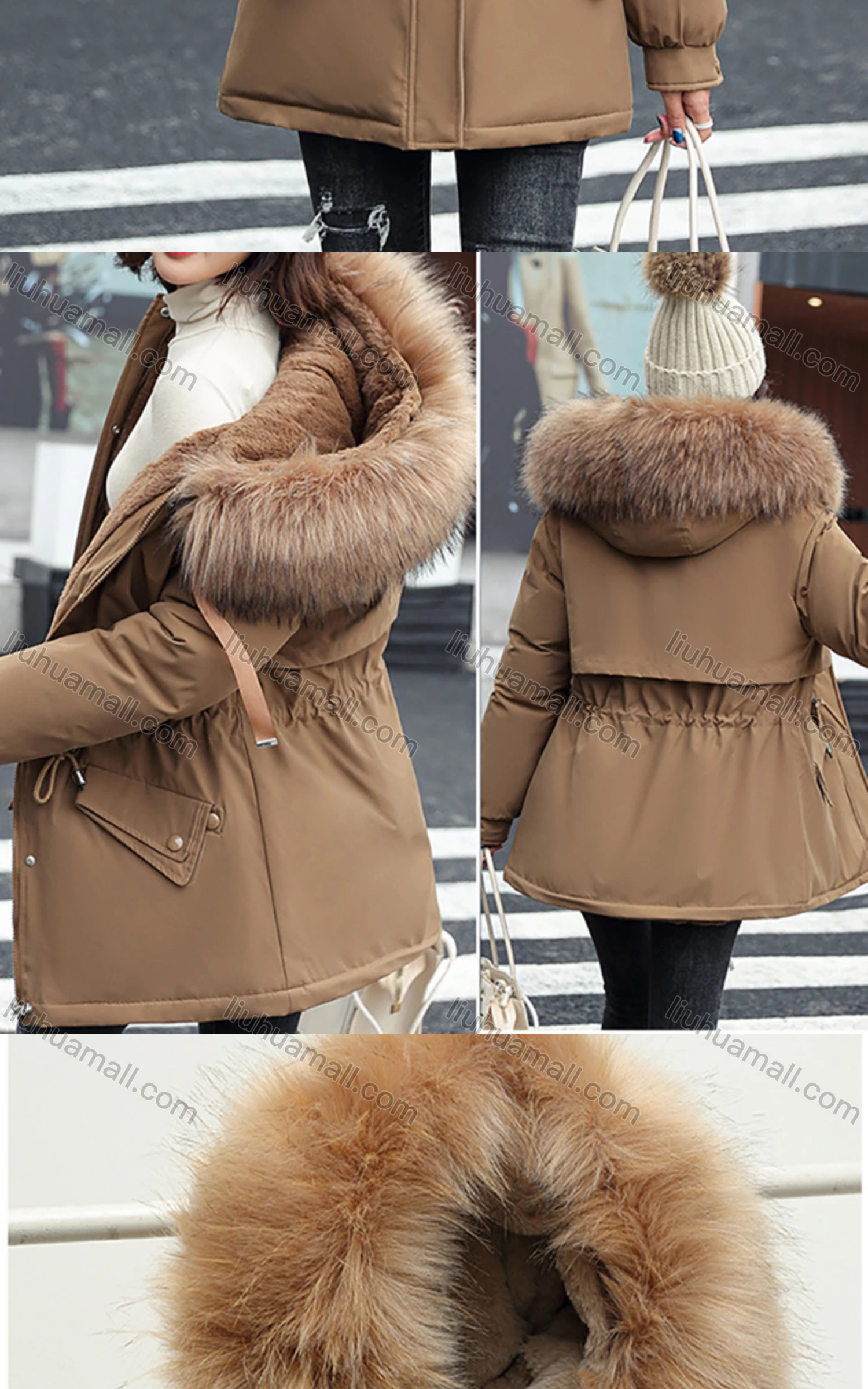 Wholesale Women's Casual Fuzzy Hood Zipper Front Drawstring Thermal Lined Parka Coat 2211# - Liuhuamall