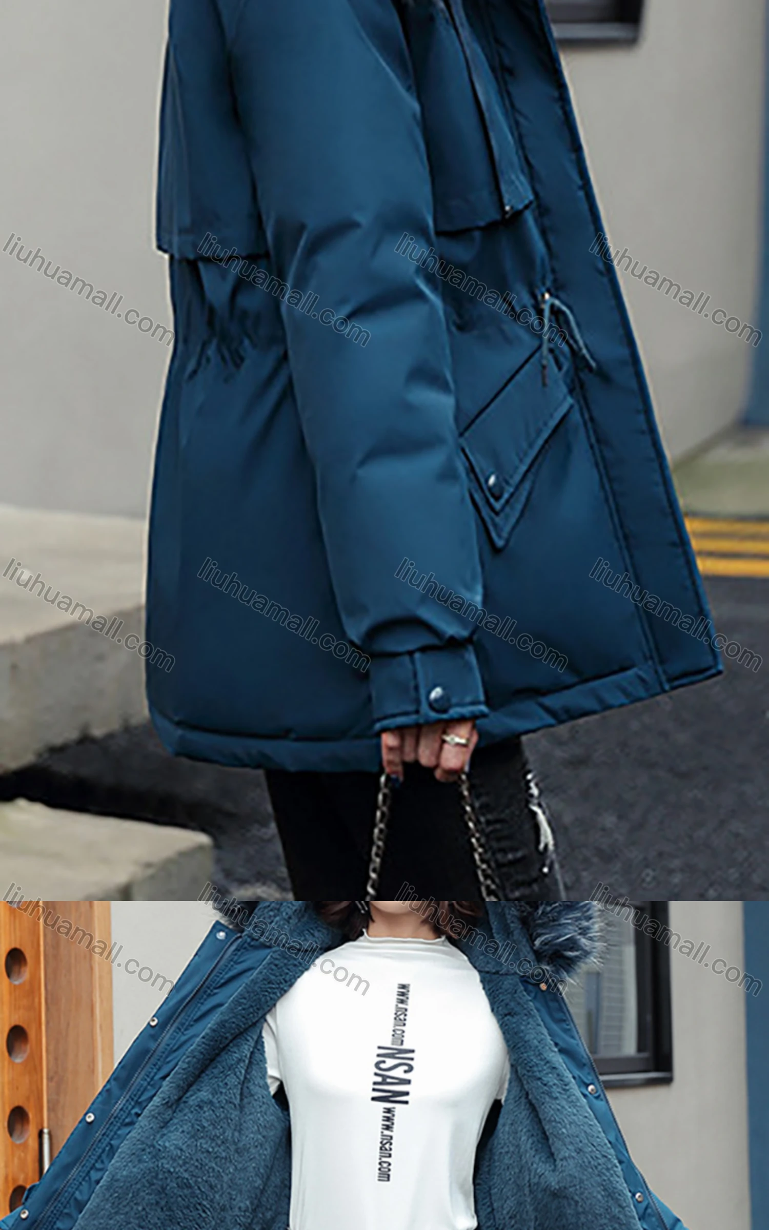 Wholesale Women's Casual Fuzzy Hood Zipper Front Drawstring Thermal Lined Parka Coat 2211# - Liuhuamall