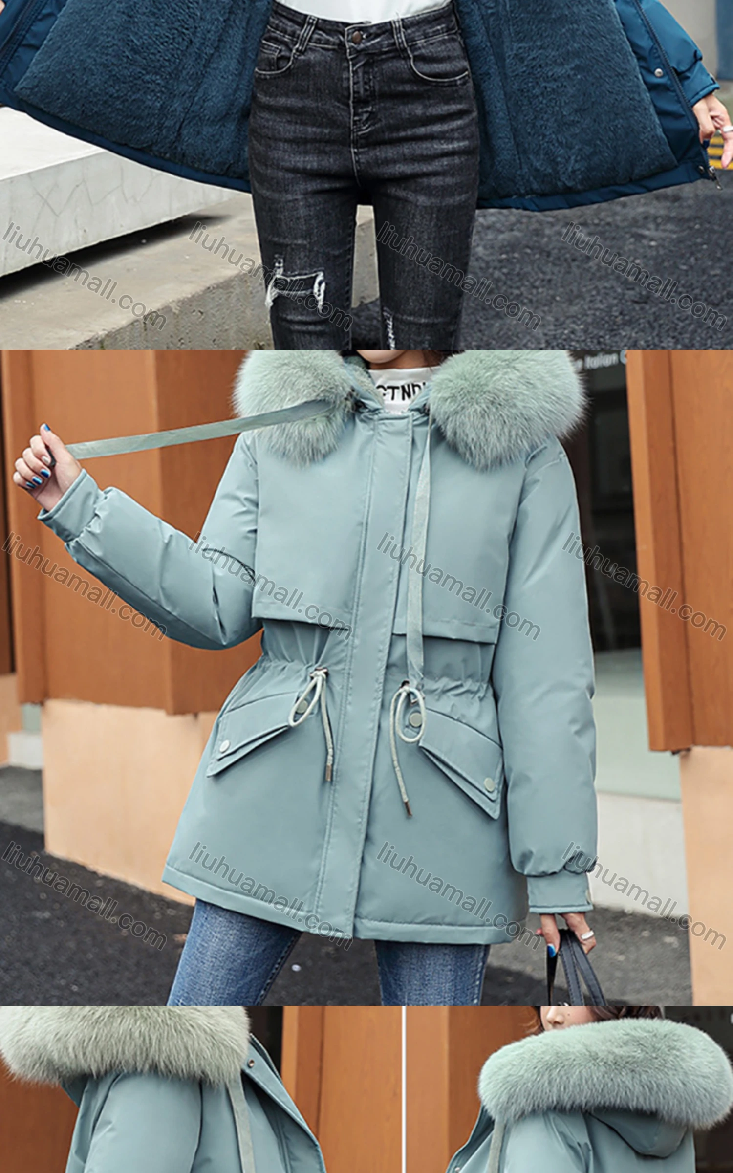 Wholesale Women's Casual Fuzzy Hood Zipper Front Drawstring Thermal Lined Parka Coat 2211# - Liuhuamall