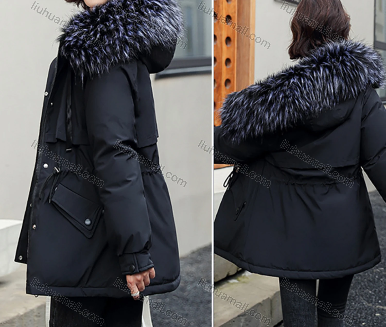 Wholesale Women's Casual Fuzzy Hood Zipper Front Drawstring Thermal Lined Parka Coat 2211# - Liuhuamall