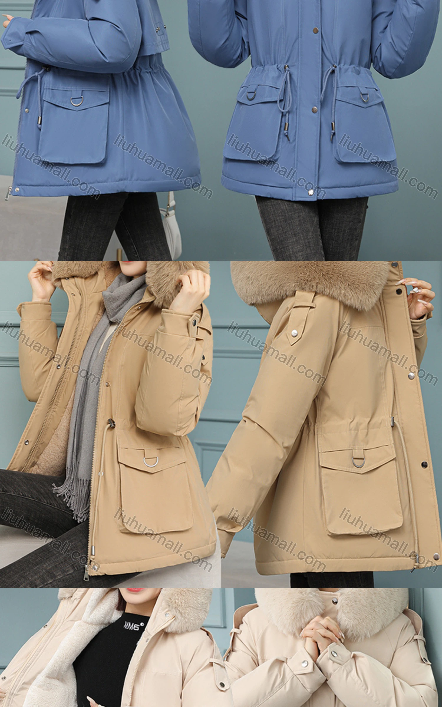 Wholesale Women's Casual Fuzzy Hood Zipper Front Pockets Thermal Lined Parka Coat - Liuhuamall