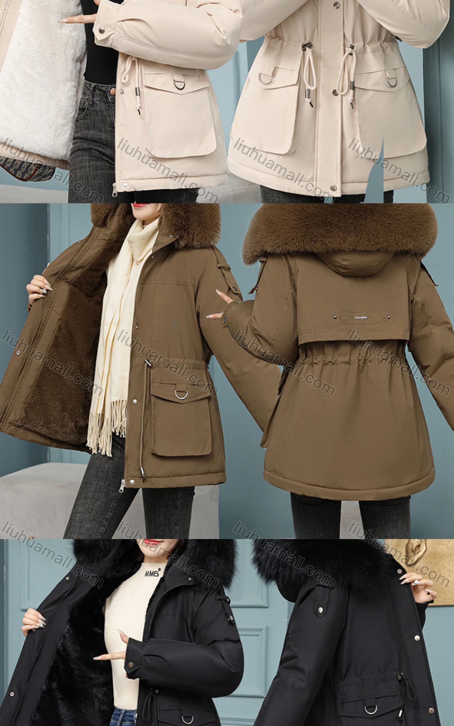 Wholesale Women's Casual Fuzzy Hood Zipper Front Pockets Thermal Lined Parka Coat - Liuhuamall