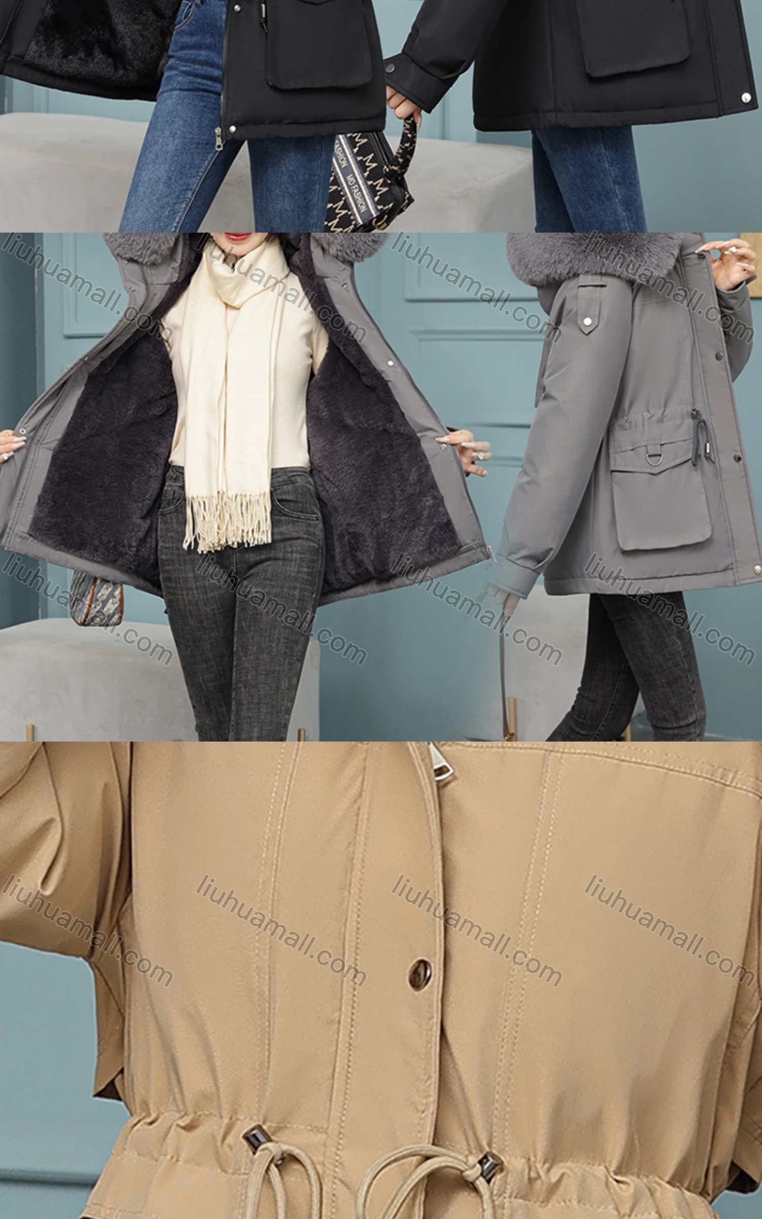 Wholesale Women's Casual Fuzzy Hood Zipper Front Pockets Thermal Lined Parka Coat - Liuhuamall