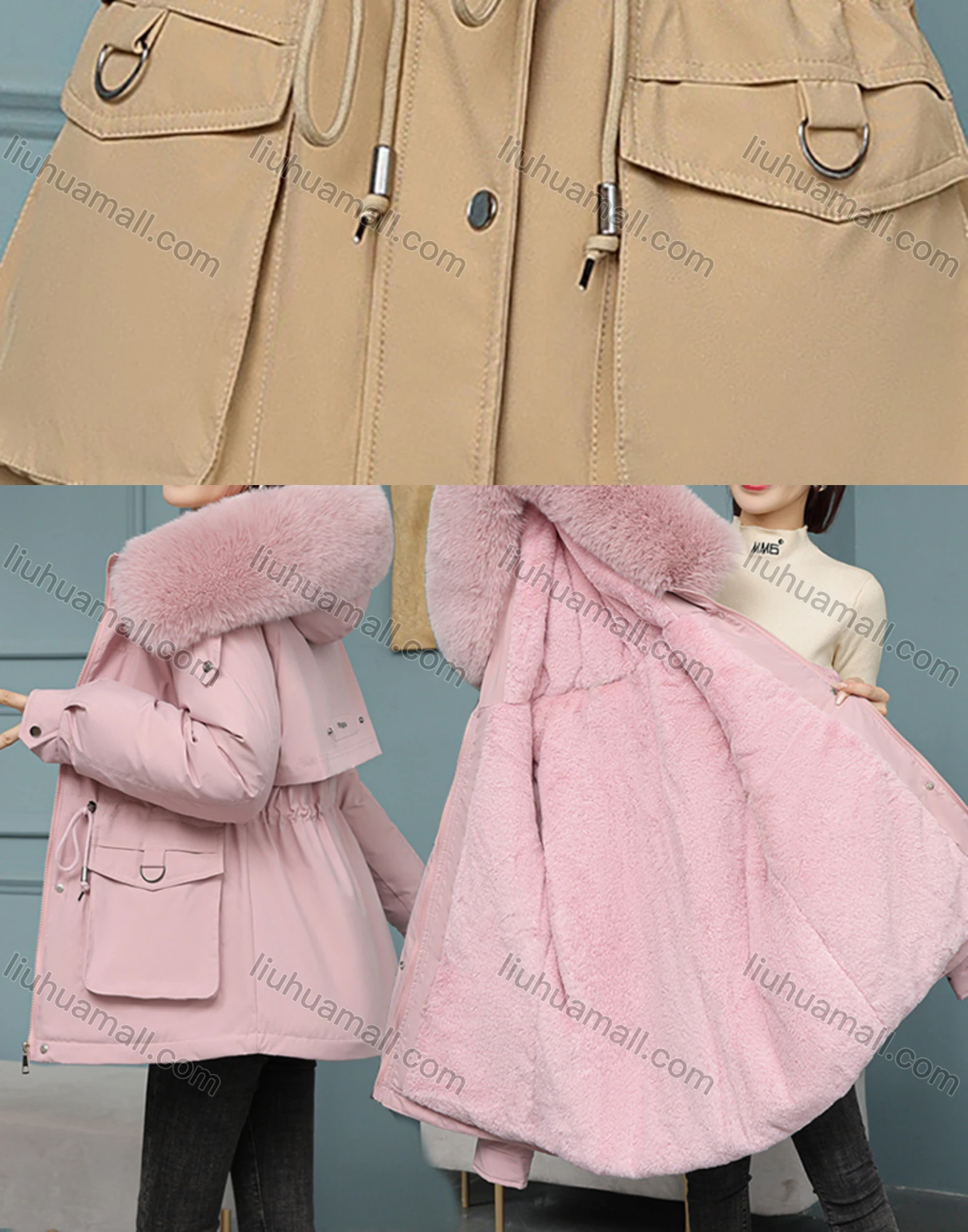 Wholesale Women's Casual Fuzzy Hood Zipper Front Pockets Thermal Lined Parka Coat - Liuhuamall