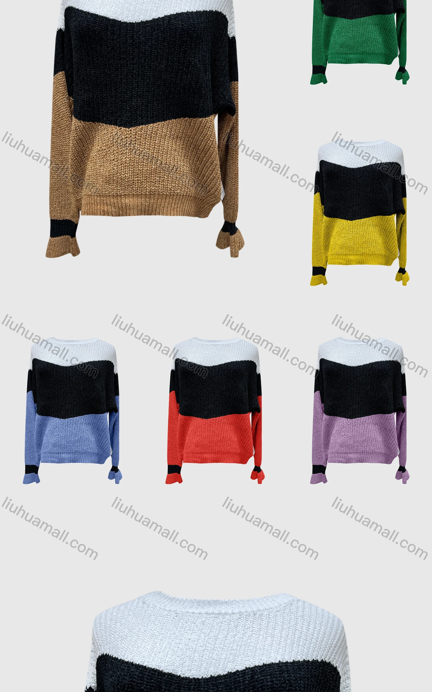 Wholesale Women's Casual Crew Neck Extra Long Sleeve Colorblock Sweater L23133# - Liuhuamall