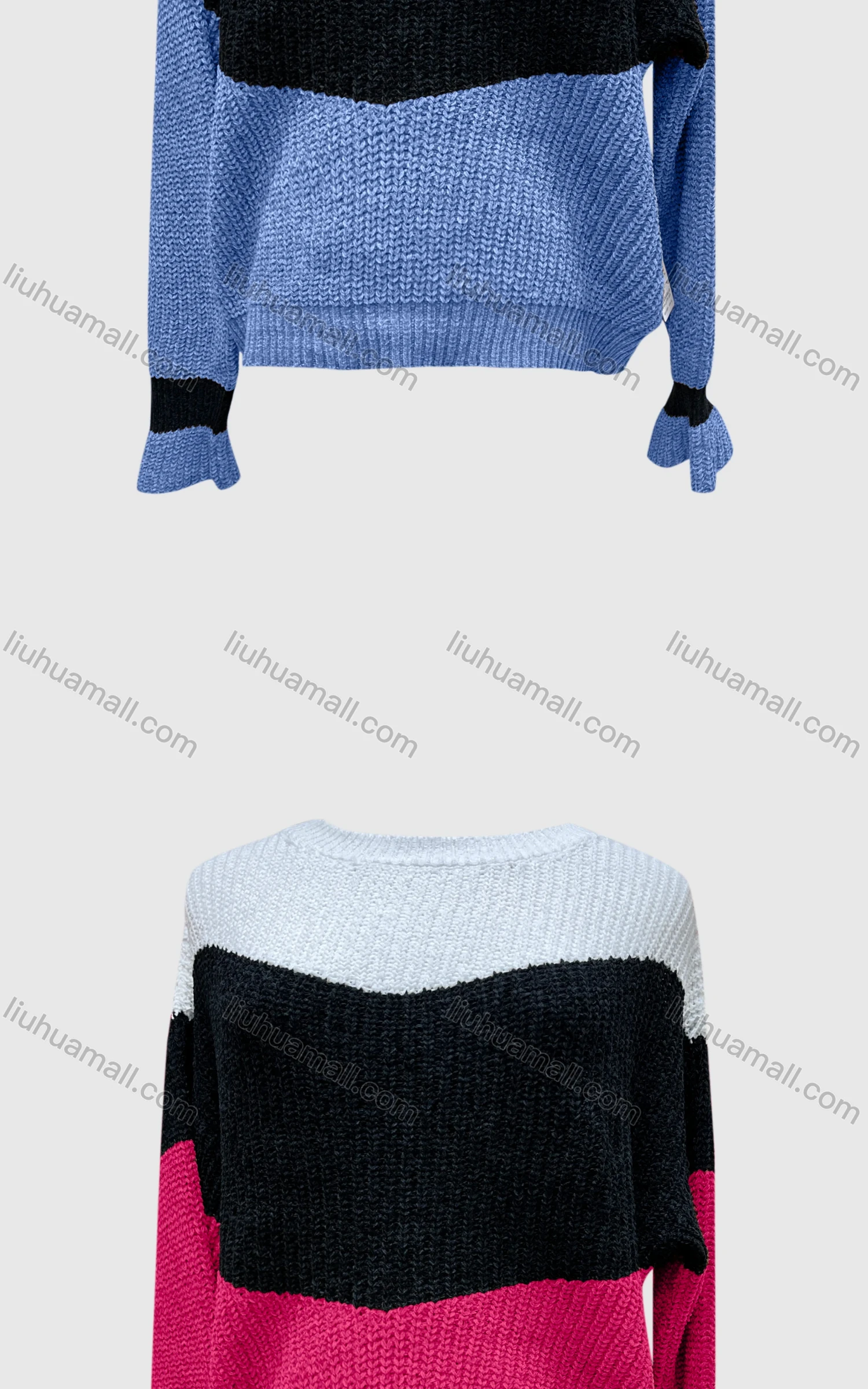 Wholesale Women's Casual Crew Neck Extra Long Sleeve Colorblock Sweater L23133# - Liuhuamall