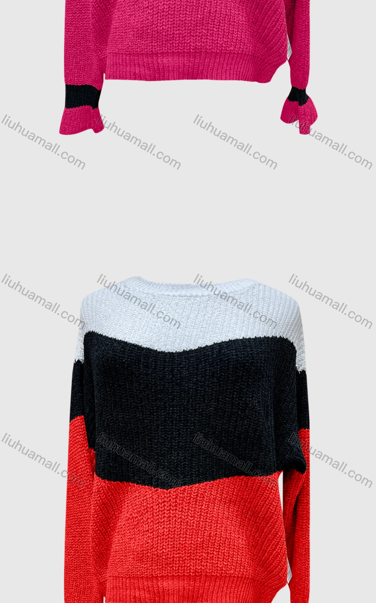 Wholesale Women's Casual Crew Neck Extra Long Sleeve Colorblock Sweater L23133# - Liuhuamall