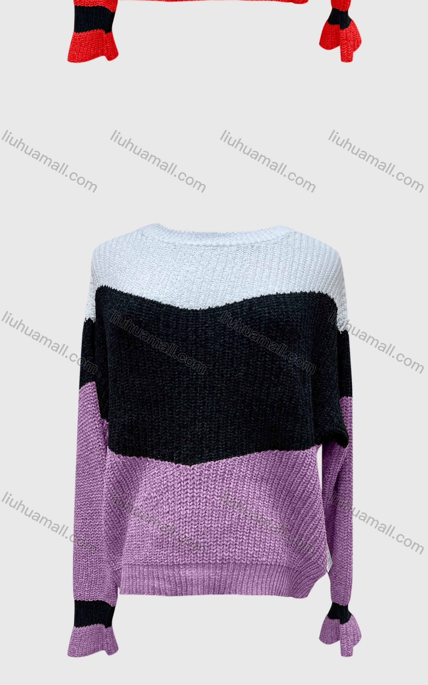 Wholesale Women's Casual Crew Neck Extra Long Sleeve Colorblock Sweater L23133# - Liuhuamall