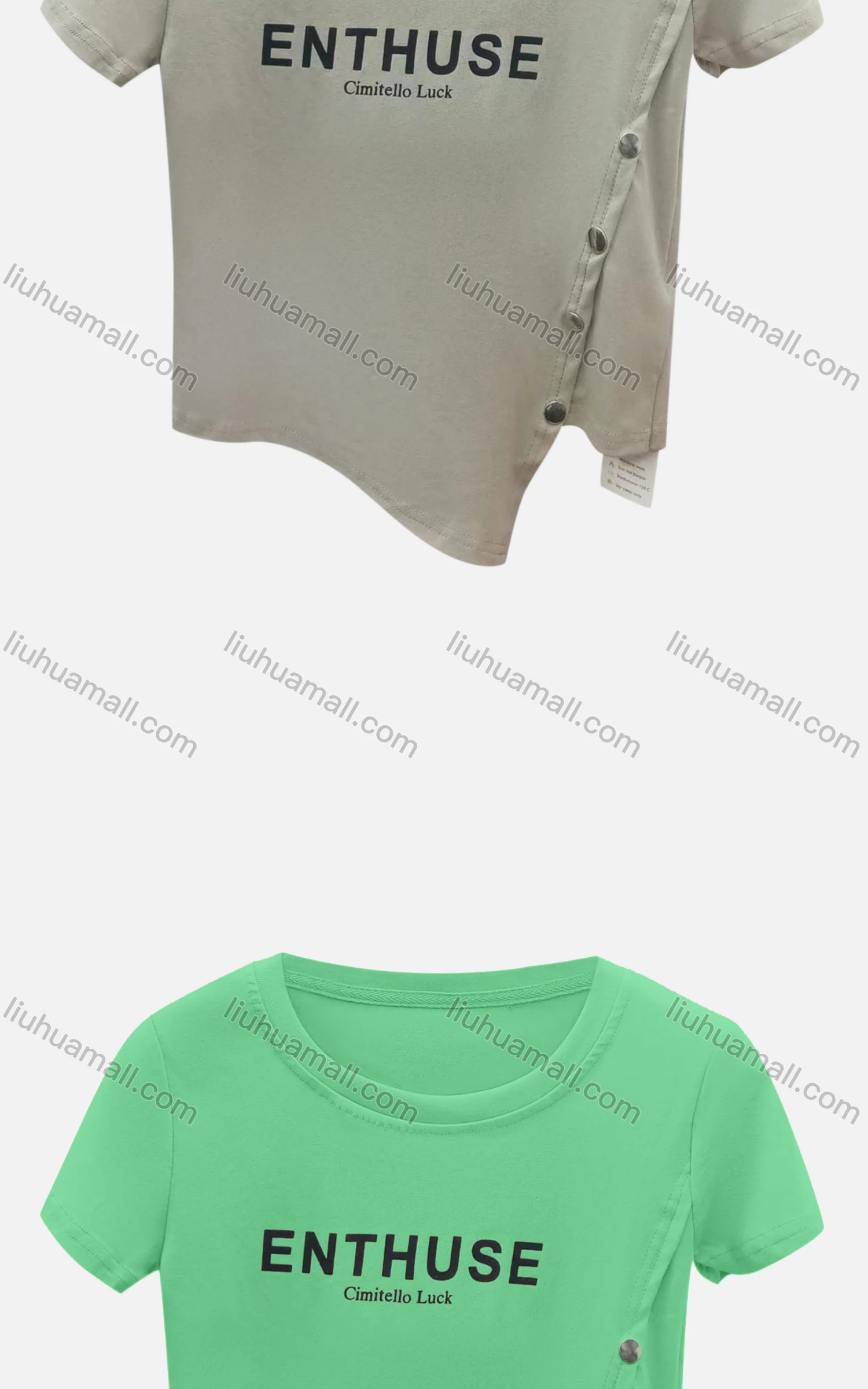 Wholesale Women's Casual Crew Neck Short Sleeve Asymmetrical Hem Button Decor Letter Crop Tee 6004# - Liuhuamall