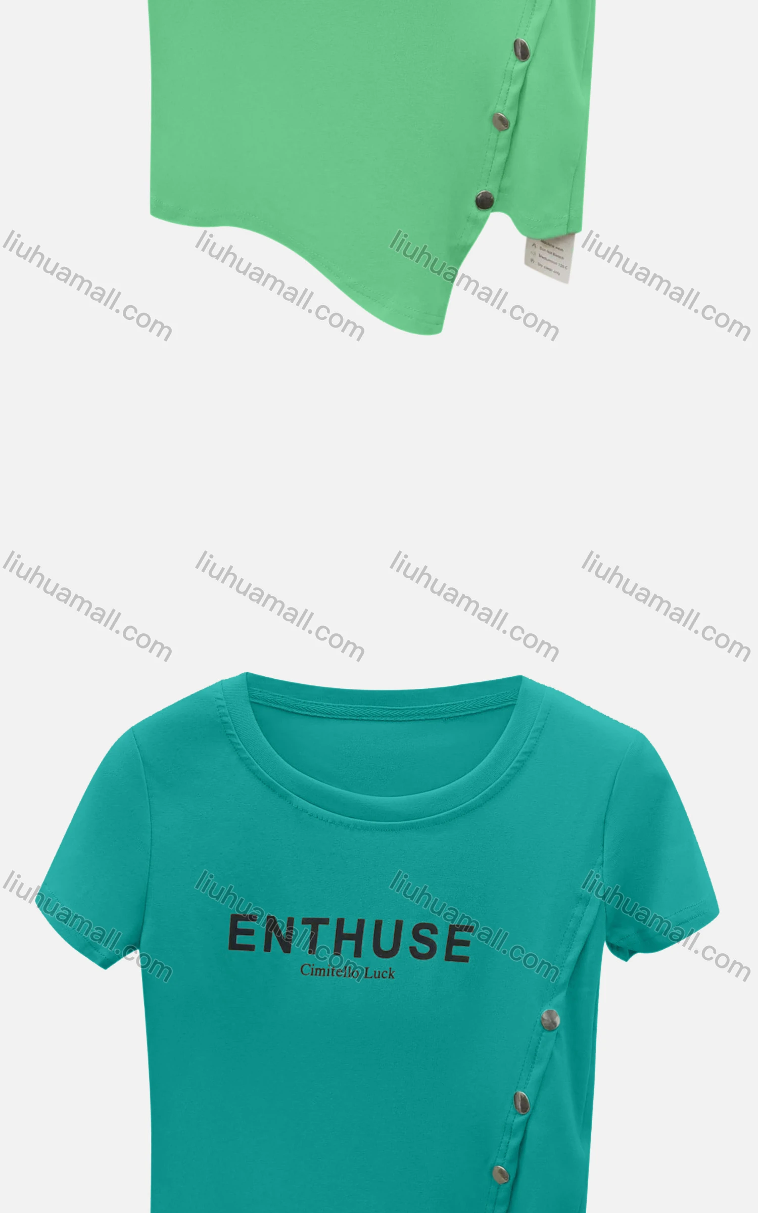 Wholesale Women's Casual Crew Neck Short Sleeve Asymmetrical Hem Button Decor Letter Crop Tee 6004# - Liuhuamall