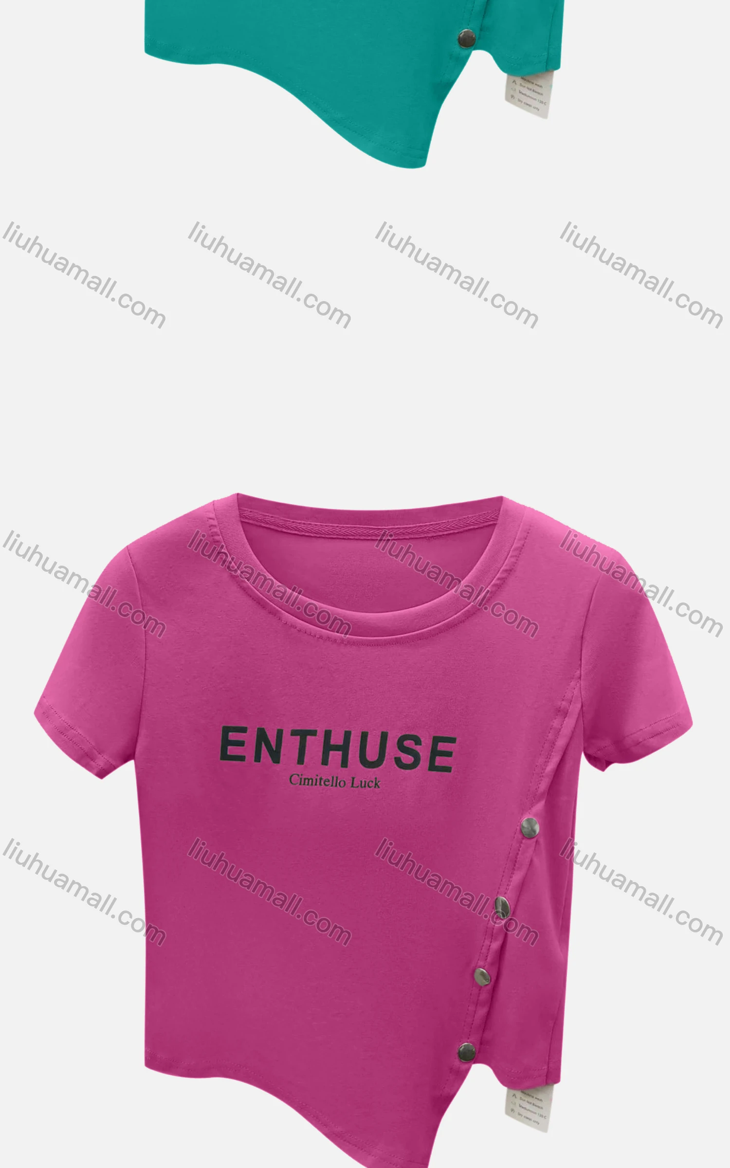 Wholesale Women's Casual Crew Neck Short Sleeve Asymmetrical Hem Button Decor Letter Crop Tee 6004# - Liuhuamall