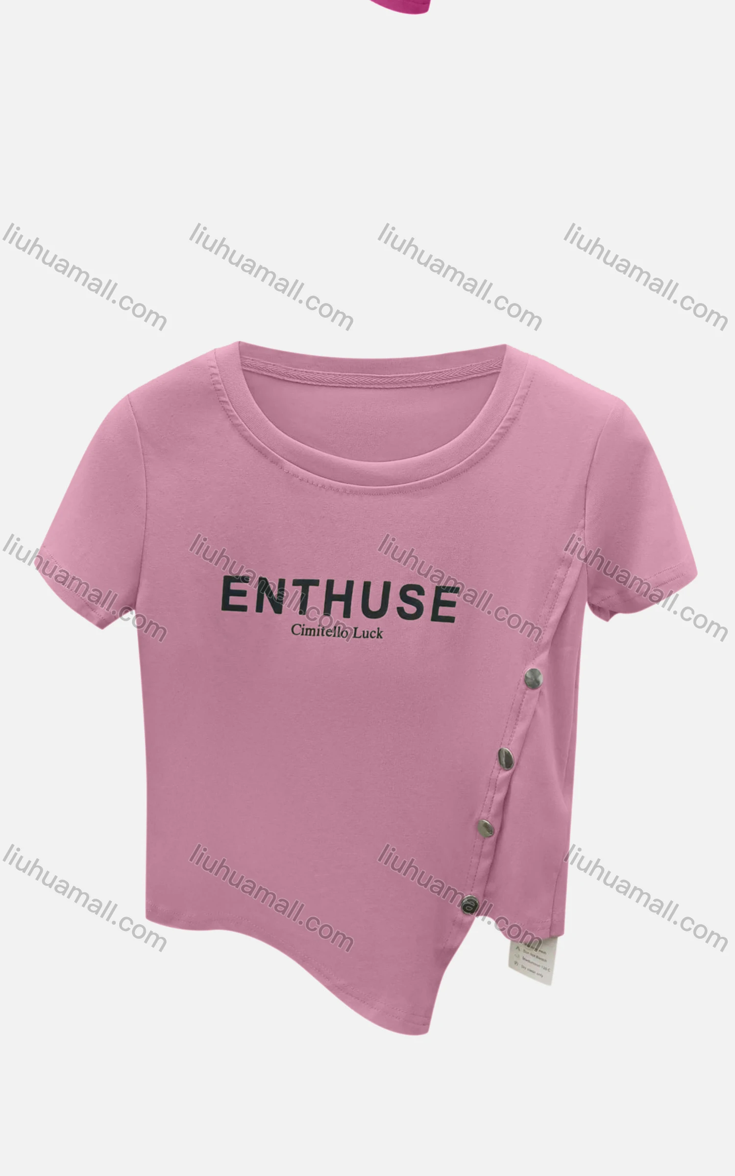 Wholesale Women's Casual Crew Neck Short Sleeve Asymmetrical Hem Button Decor Letter Crop Tee 6004# - Liuhuamall